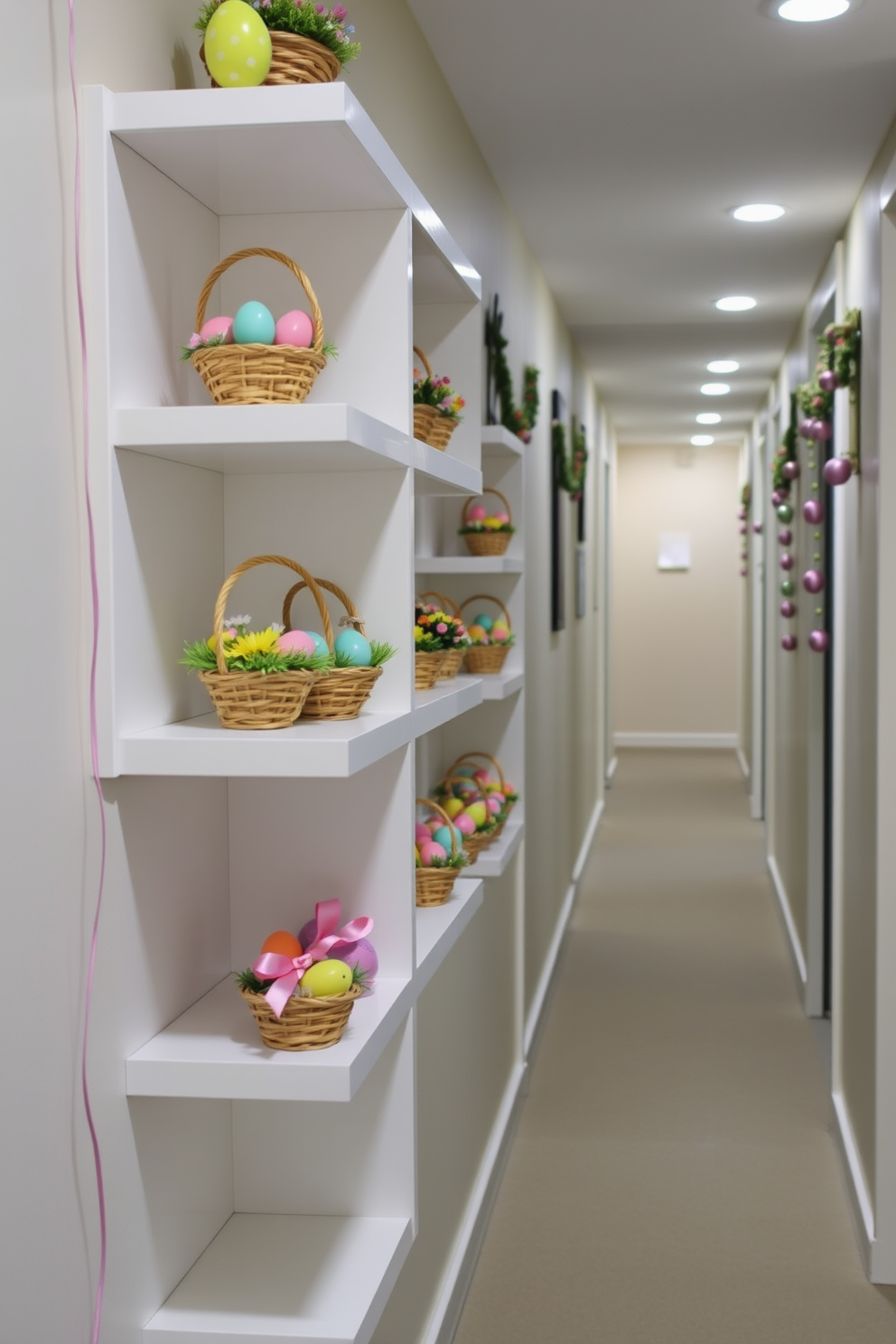 Miniature Easter baskets are arranged on various shelves, each basket filled with colorful eggs and spring flowers. The shelves are adorned with pastel-colored decorations, creating a cheerful and festive atmosphere. The hallway features subtle Easter-themed decorations, including garlands of eggs and bunny silhouettes hanging along the walls. Soft lighting highlights the decorations, inviting guests to enjoy the seasonal charm as they walk through.