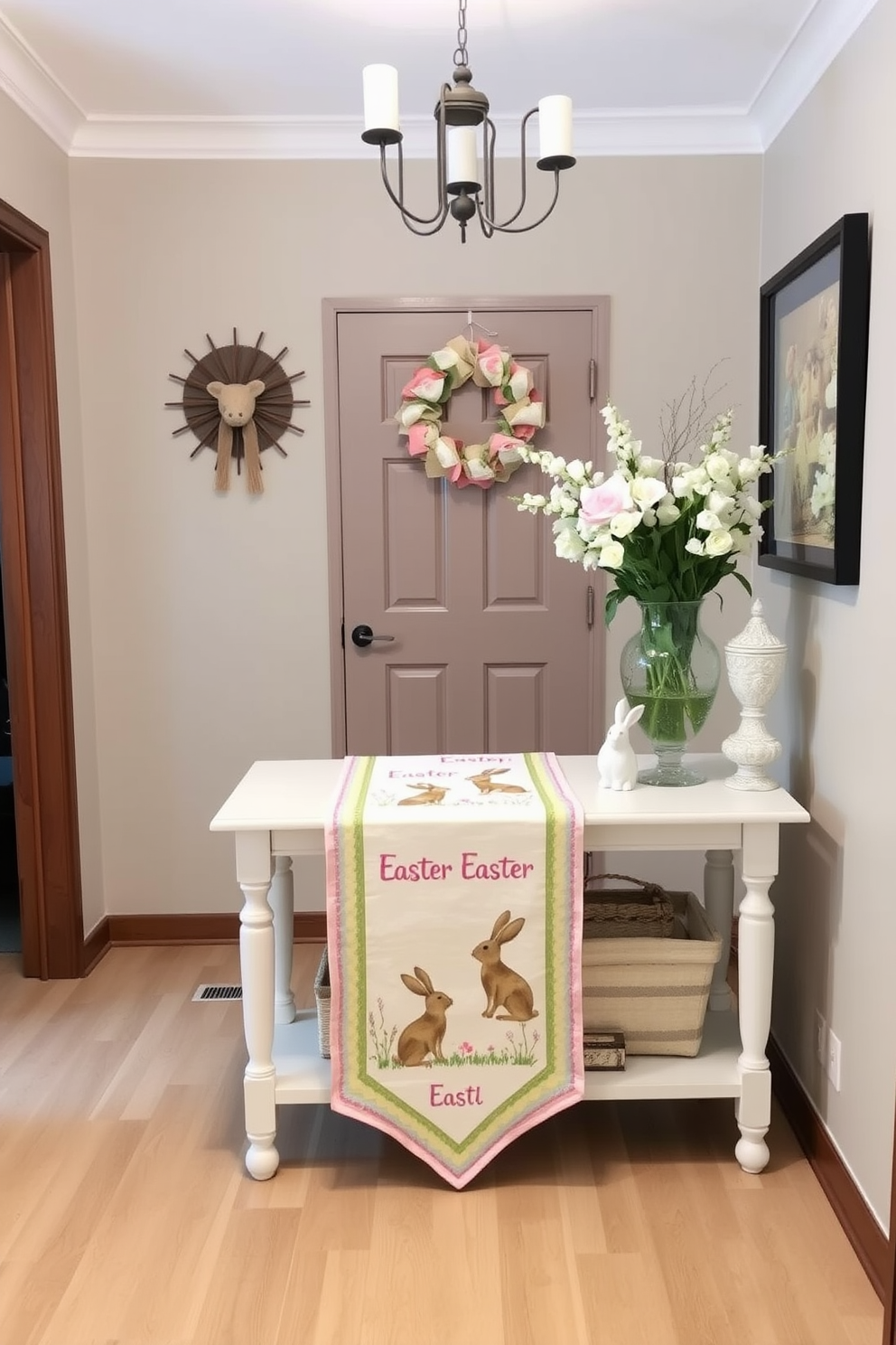 A charming hallway adorned for Easter features a seasonal table runner with delightful bunny motifs. The runner is placed on a console table, complemented by pastel-colored decorations and fresh flowers in a vase.