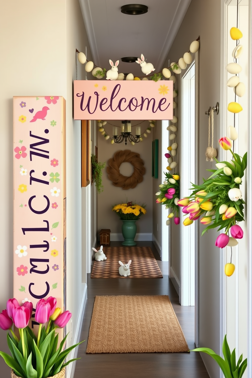 Charming welcome sign with spring colors. The sign features pastel hues of pink, yellow, and green, adorned with floral motifs and playful typography. Hallway Easter decorating ideas. The space is decorated with garlands of eggs, cheerful bunnies, and vibrant tulips, creating a festive and inviting atmosphere.