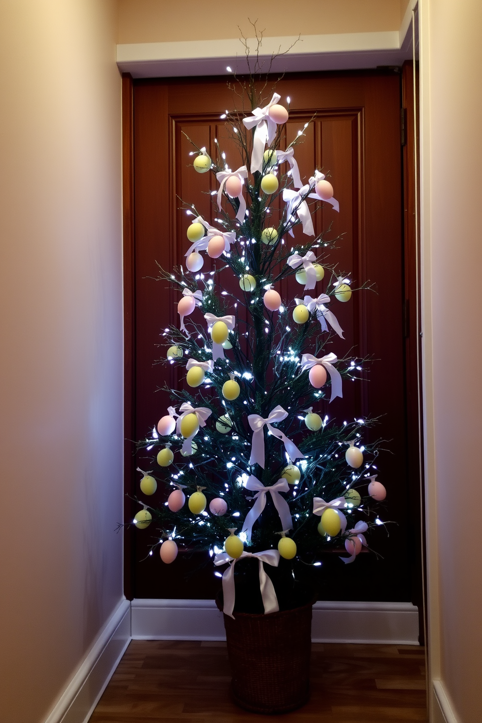 A beautifully decorated Easter tree stands in the corner of the hallway, adorned with pastel-colored eggs and delicate ribbons. Soft white lights twinkle gently, creating a warm and inviting atmosphere that enhances the festive spirit.