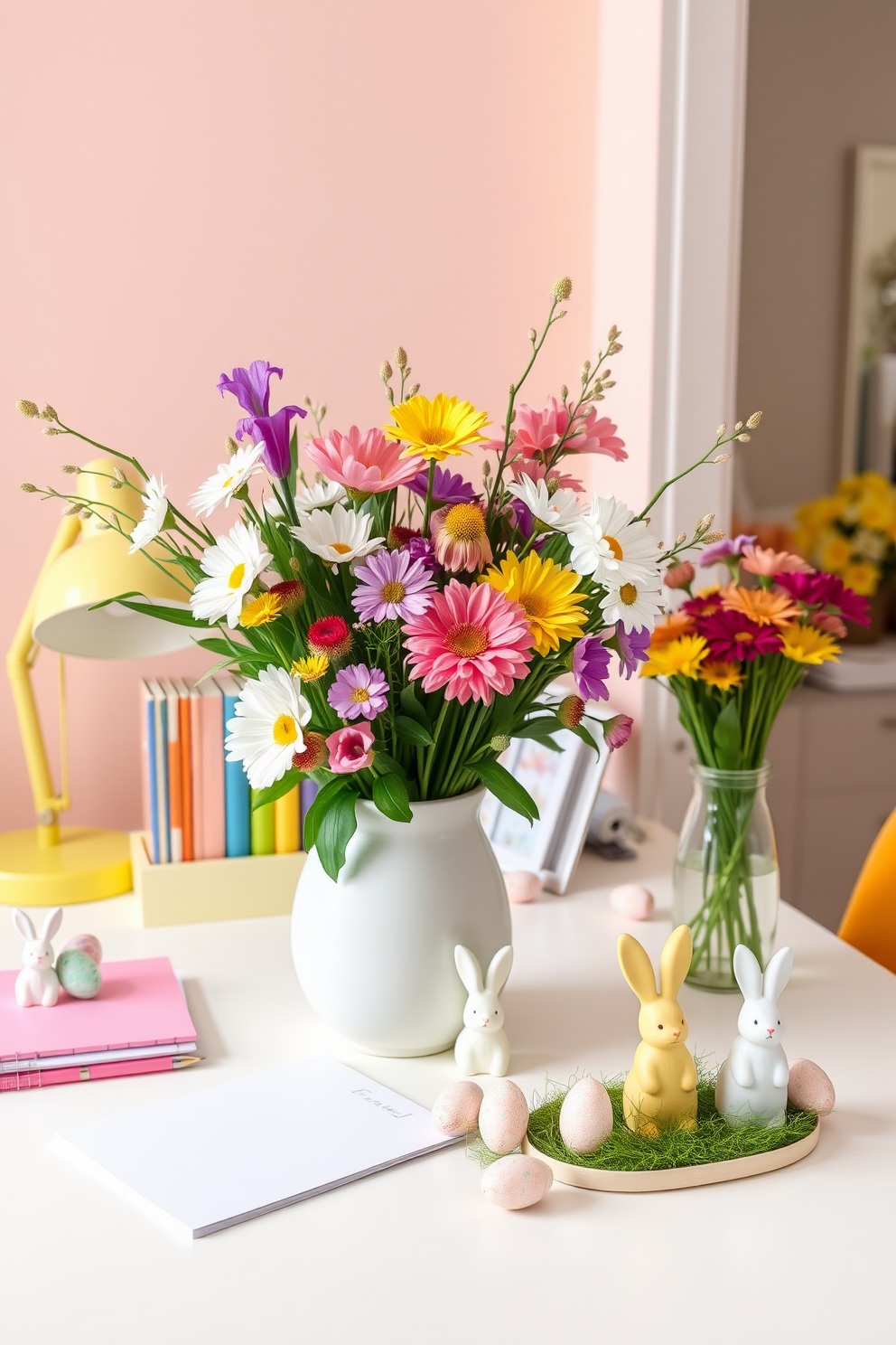 A bright and inviting home office setting adorned with spring floral arrangements. The desk is decorated with a variety of colorful flowers in a ceramic vase, complemented by pastel-colored stationery and a cheerful desk lamp. Easter decorations add a festive touch, featuring small bunny figurines and decorative eggs scattered across the desk. The walls are painted in a soft pastel hue, creating a warm atmosphere that inspires creativity and productivity.