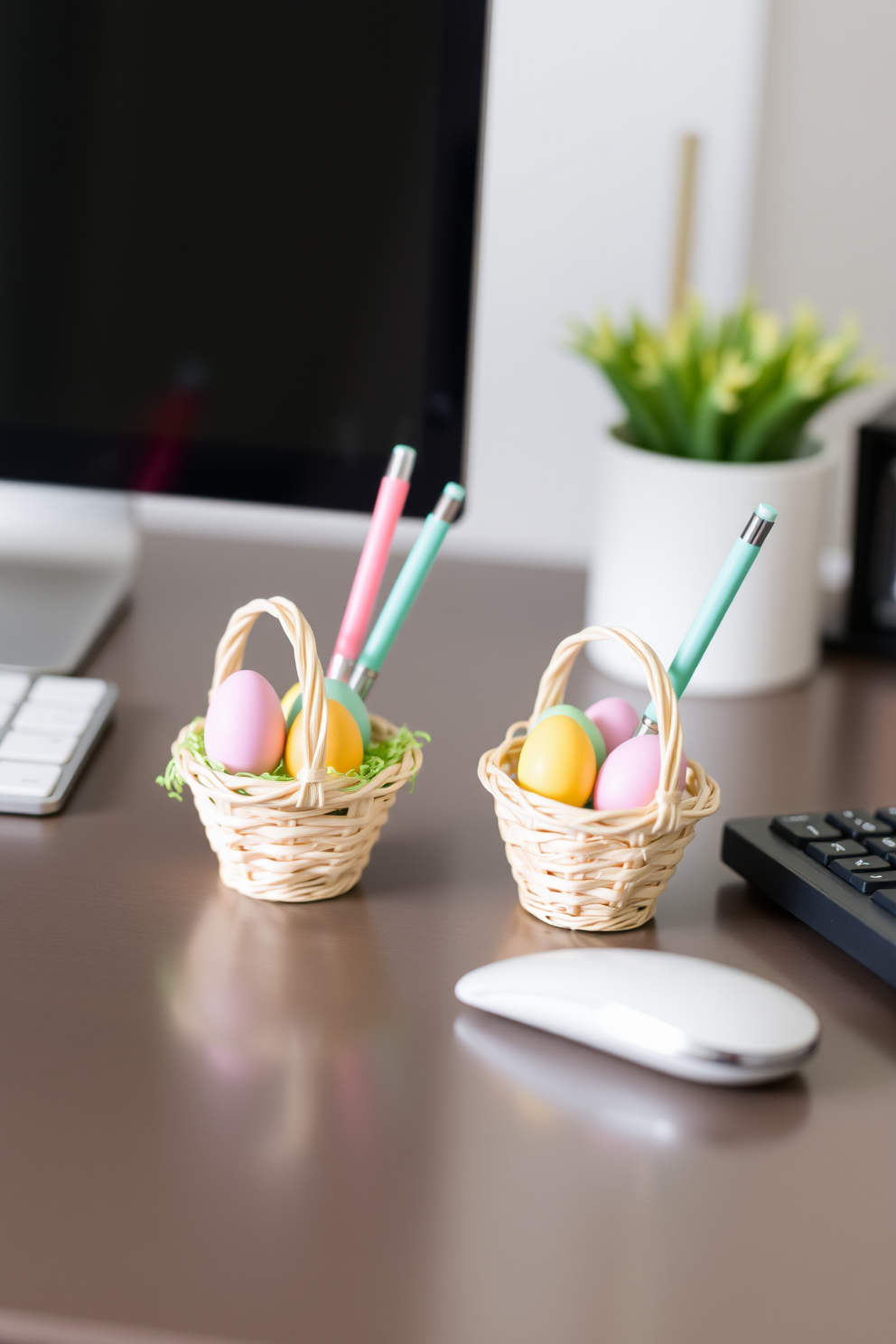 Miniature Easter baskets filled with colorful eggs serve as charming pen holders on a sleek desk. The soft pastel colors of the baskets add a festive touch to the home office, creating a cheerful and inviting workspace.