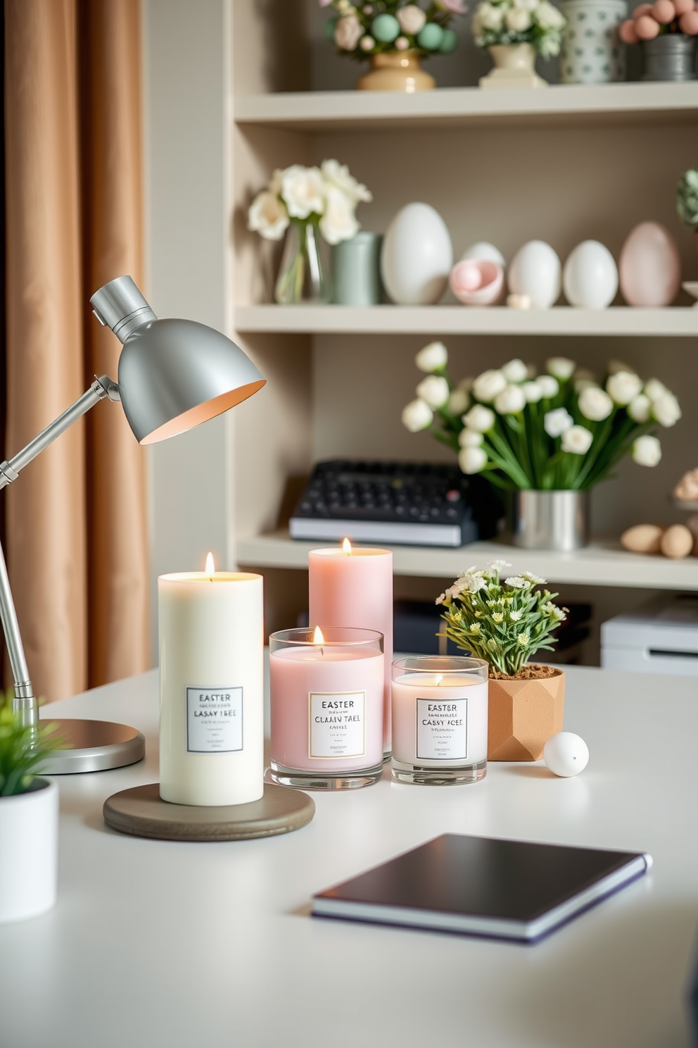 A cozy home office setting adorned with seasonal scented candles in pastel colors. The candles are arranged on a sleek desk, accompanied by a stylish desk lamp and a small potted plant for a touch of greenery. Easter decorations bring a festive charm to the space. Delicate pastel eggs and floral arrangements are tastefully displayed on shelves, complementing the overall serene atmosphere.