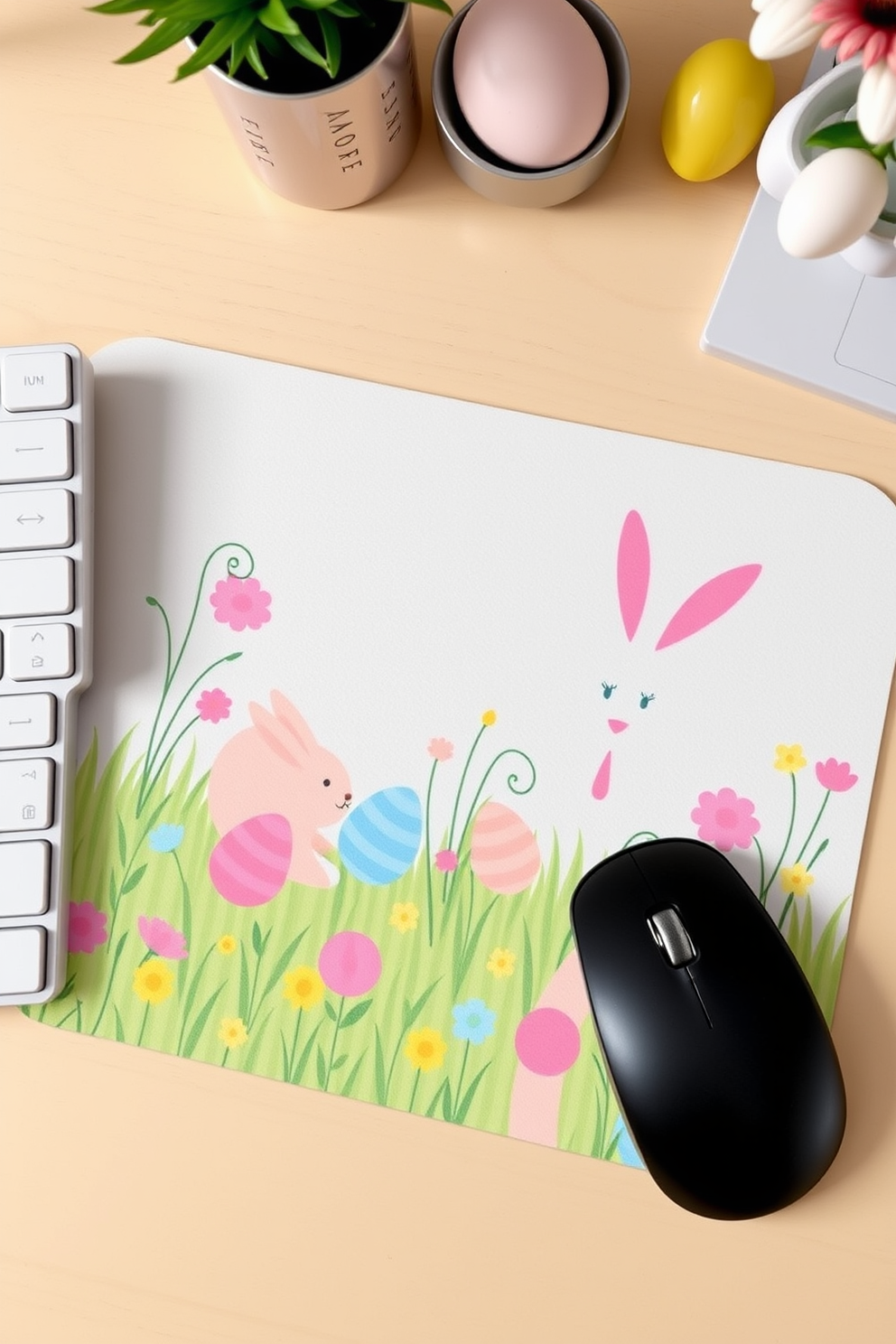 A charming Easter themed mouse pad for your desk featuring pastel colors and playful bunny illustrations. The design incorporates elements like colorful eggs and spring flowers to create a festive atmosphere in your home office. Consider adding complementary Easter decorations around your workspace to enhance the theme. Incorporate items like a small floral arrangement or decorative eggs to bring a cheerful vibe to your home office.