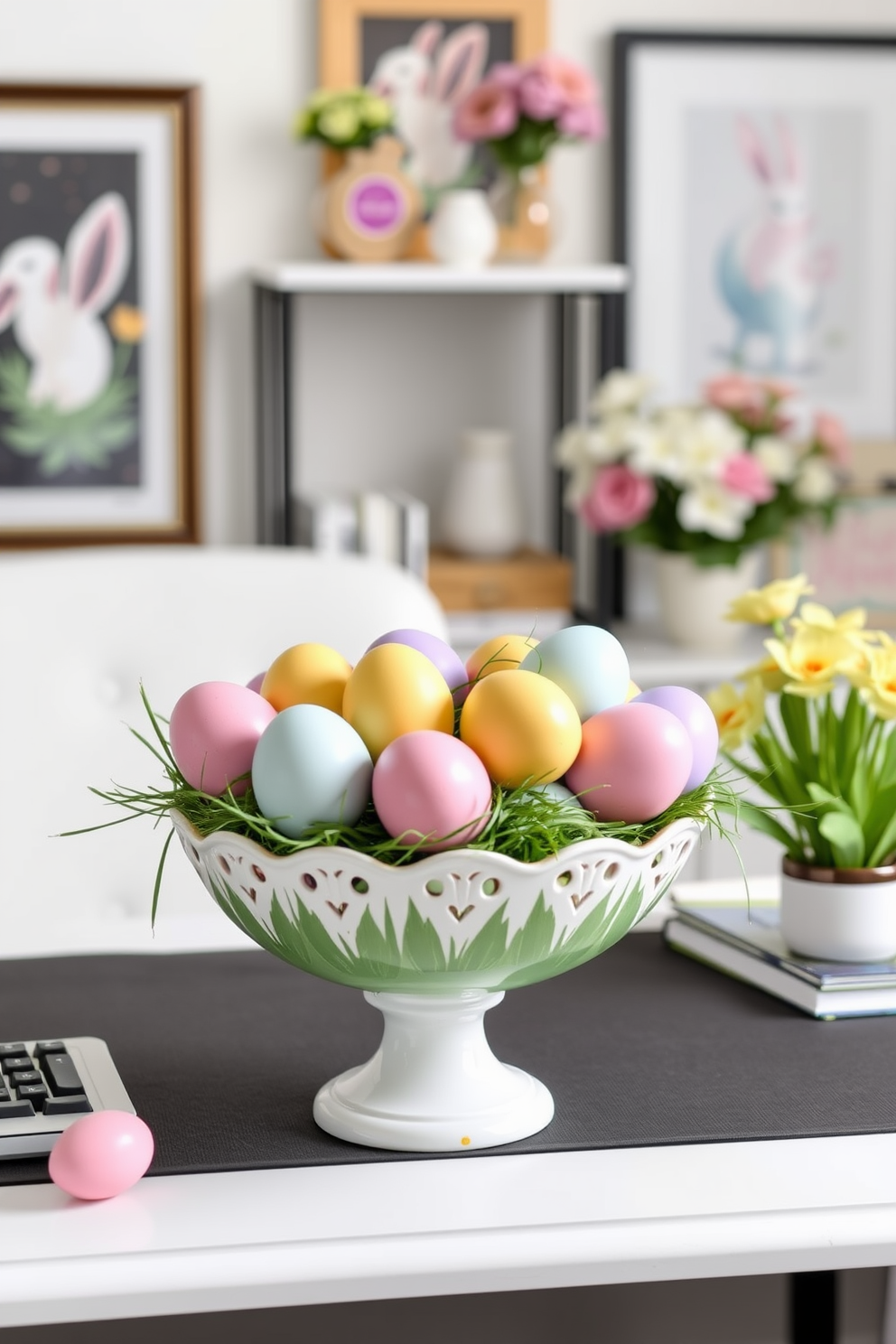 A vibrant decorative bowl filled with DIY painted eggs in various pastel colors sits on a stylish desk. The home office is adorned with subtle Easter decorations, including floral accents and cheerful artwork that enhance the festive atmosphere.