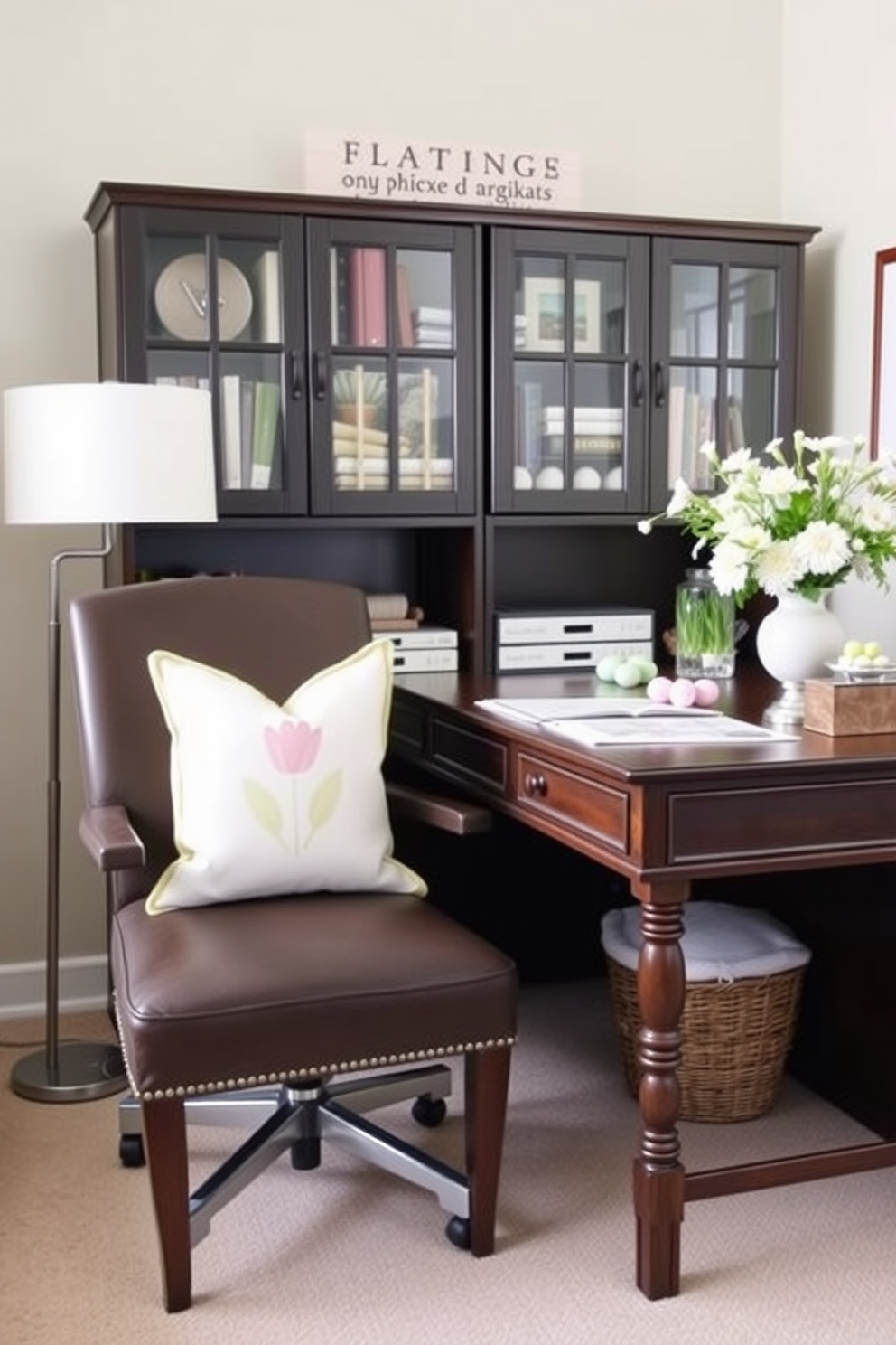 A cozy home office featuring a comfortable chair adorned with spring themed throw pillows in pastel colors. The desk is decorated with subtle Easter accents such as small decorative eggs and a floral arrangement, creating a cheerful and inviting workspace.