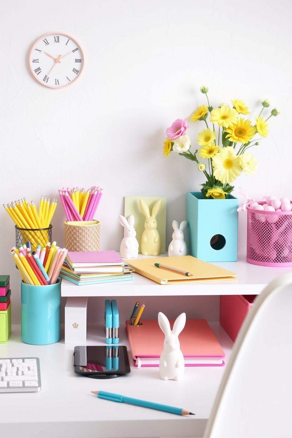 Brightly colored desk accessories add a vibrant touch to a home office space. A collection of pens, notebooks, and organizers in shades of yellow, pink, and teal create an inviting and cheerful atmosphere. Easter decorating ideas can enhance the workspace with seasonal charm. Incorporate pastel-colored decorations, such as bunny figurines and floral arrangements, to celebrate the holiday while maintaining a productive environment.