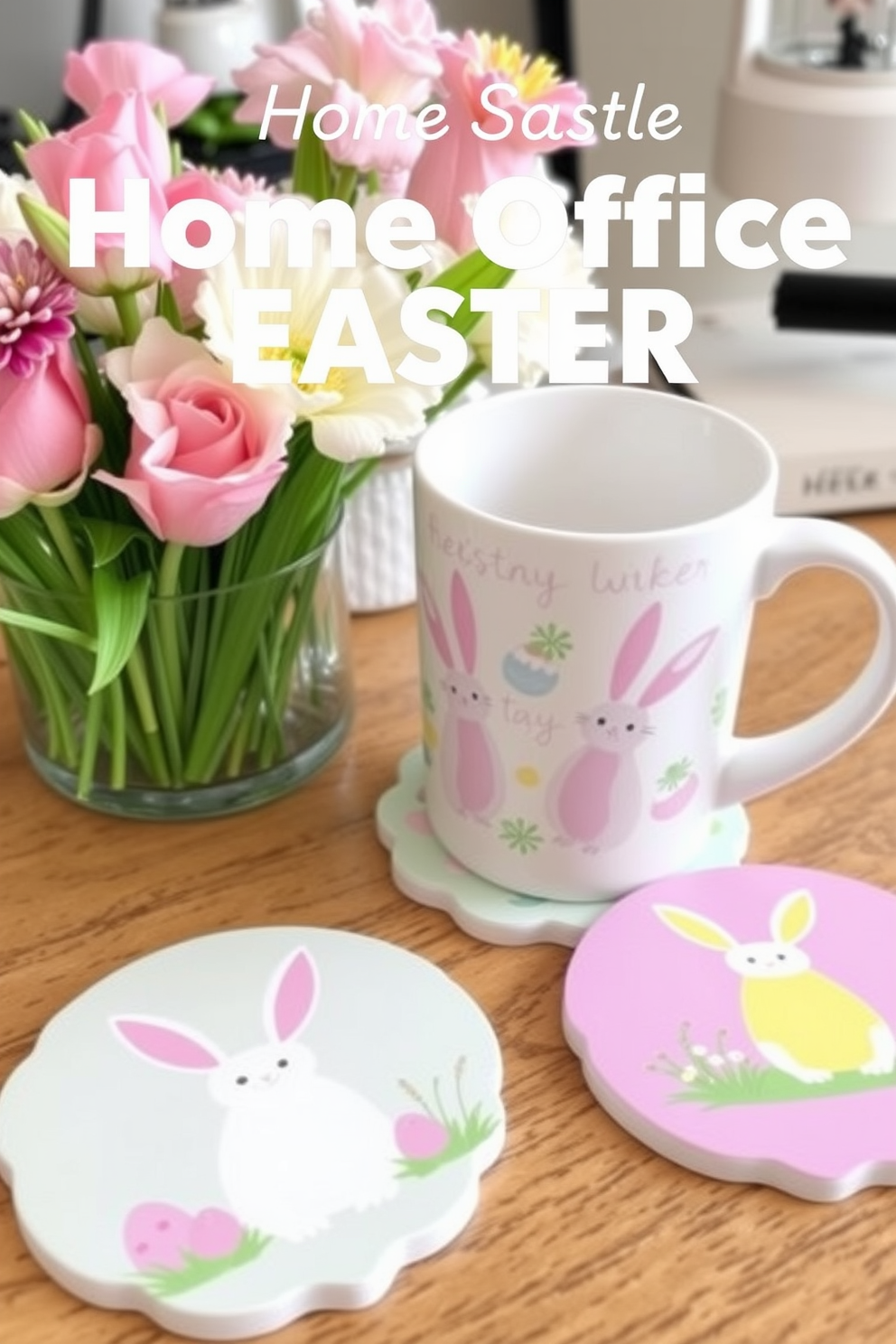 Easter themed coasters for coffee mugs. The coasters are adorned with pastel colors and whimsical bunny designs, perfect for adding a festive touch to your coffee table. Home Office Easter Decorating Ideas. Incorporate cheerful elements like floral arrangements and colorful egg accents to create a vibrant and inspiring workspace.