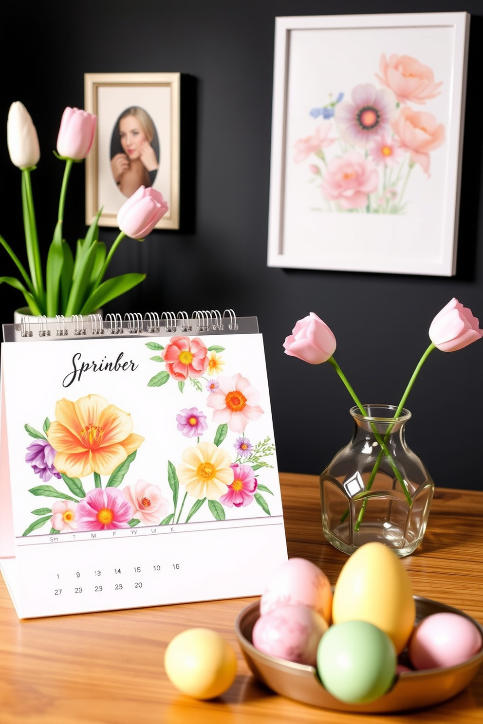 A floral desk calendar for the season features vibrant spring blooms in soft pastel colors. The calendar is designed to add a touch of seasonal charm to your home office decor. Easter decorating ideas include pastel-colored accents and decorative eggs placed around the workspace. Incorporating fresh flowers and themed artwork can create a festive and inviting atmosphere.