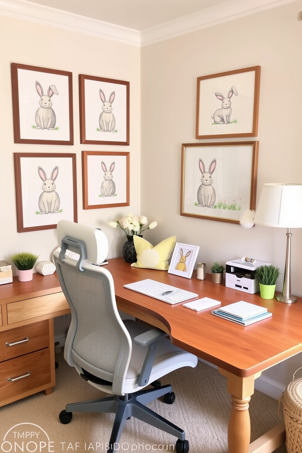 A cozy home office adorned with whimsical bunny artwork framed on the walls. The space features a large wooden desk with a comfortable ergonomic chair and pastel-colored accents for a cheerful Easter vibe.