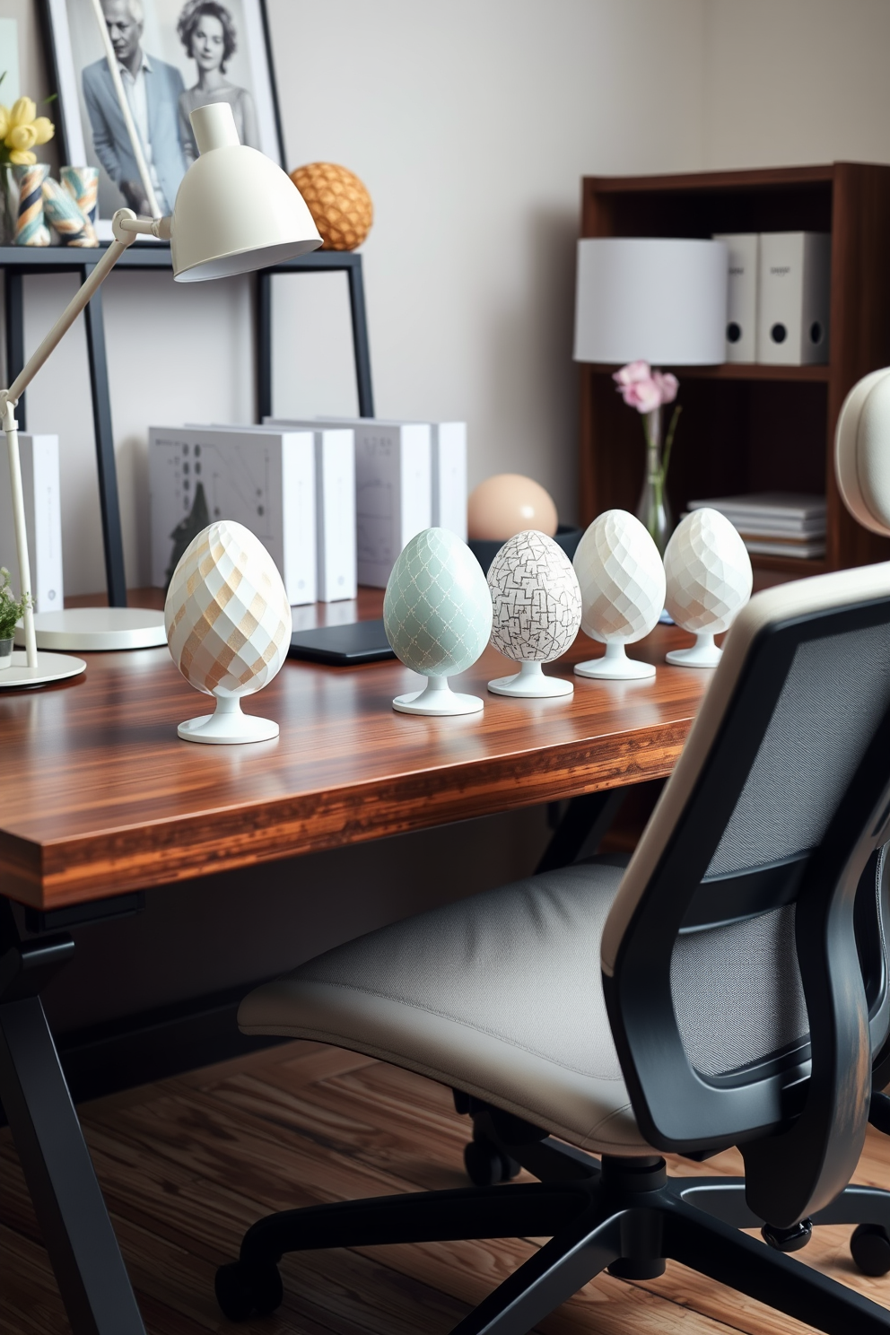 A stylish home office setting featuring egg-shaped paperweights arranged neatly on a sleek wooden desk. The desk is complemented by a comfortable ergonomic chair and adorned with pastel-colored decorations to celebrate the Easter theme.