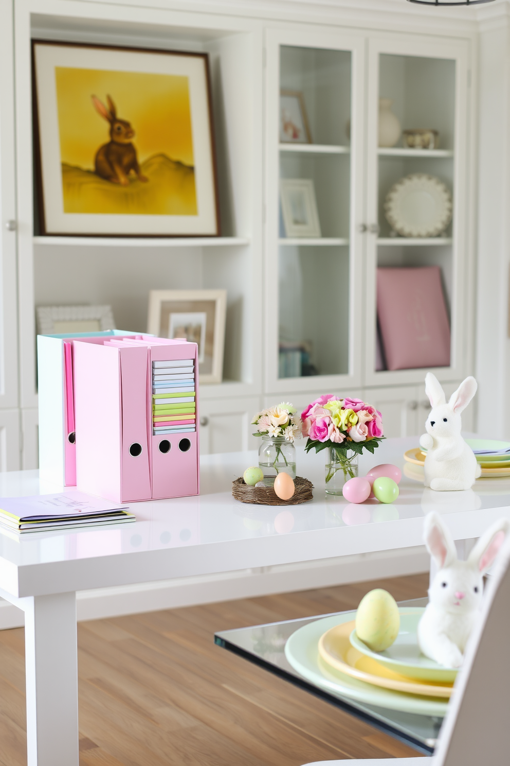 A set of pastel colored file organizers is neatly arranged on a sleek white desk in a stylish home office. The organizers are filled with colorful papers and stationery, adding a cheerful touch to the workspace. For Easter decorating ideas, a beautifully set table features pastel colored plates and floral centerpieces. Soft bunny figurines and decorative eggs are artfully placed around the table, creating a festive and inviting atmosphere.