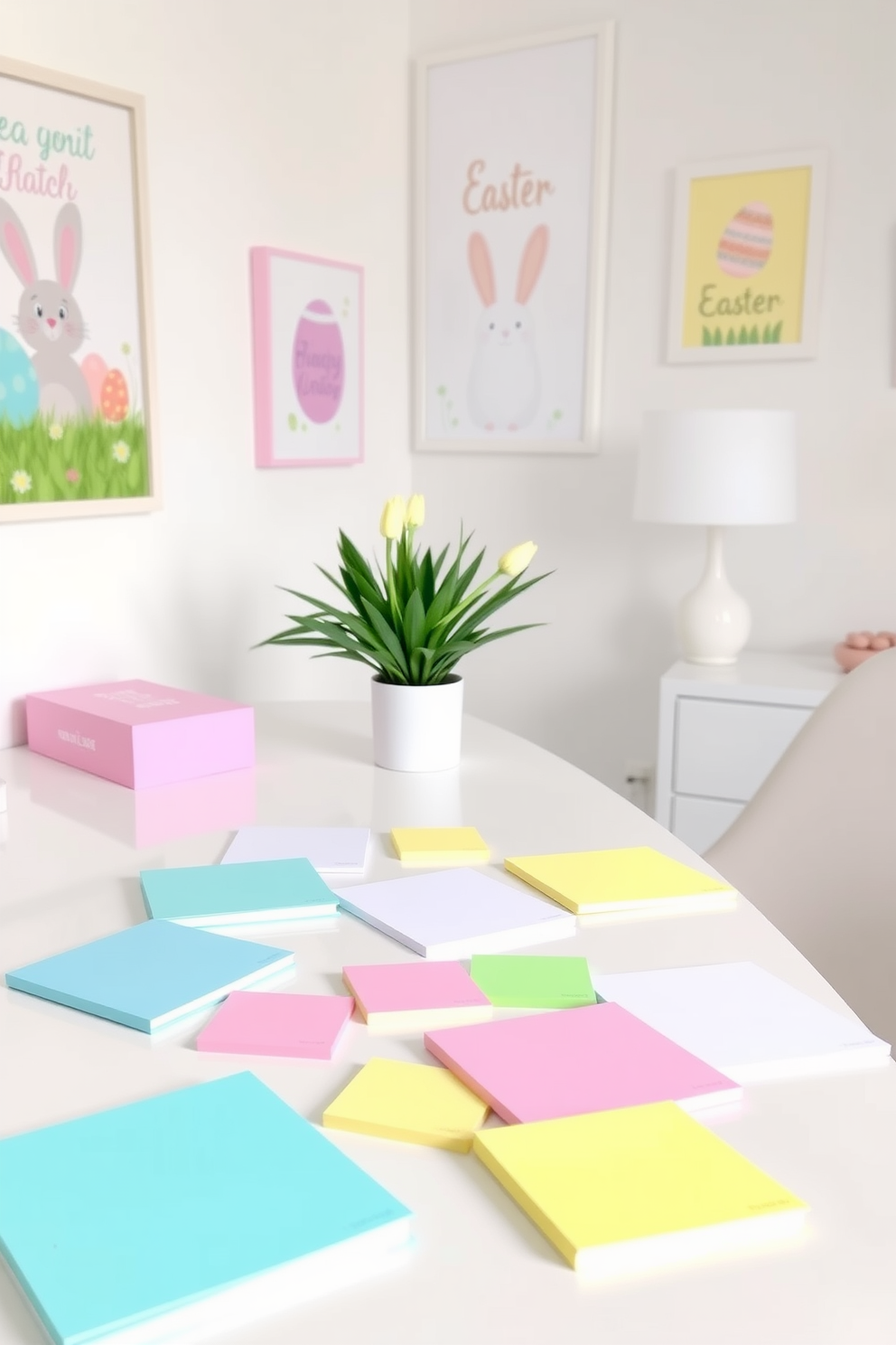 A bright home office decorated for spring features pastel-colored sticky notes and notepads scattered across a stylish desk. The walls are adorned with cheerful Easter-themed artwork, and a small potted plant adds a touch of greenery to the space.