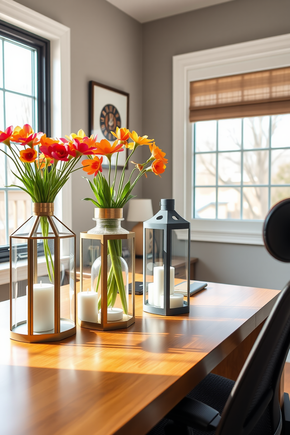 A cozy home office setting adorned with decorative lanterns filled with vibrant spring flowers. The lanterns are placed on a sleek wooden desk, complemented by a comfortable ergonomic chair and a large window allowing natural light to flood the space.