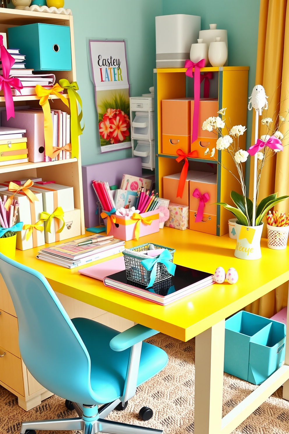 A vibrant home office setting adorned with colorful ribbons tied around neatly organized office supplies. The workspace features a bright desk with pastel-colored accents and cheerful Easter decorations, creating an inviting and festive atmosphere.