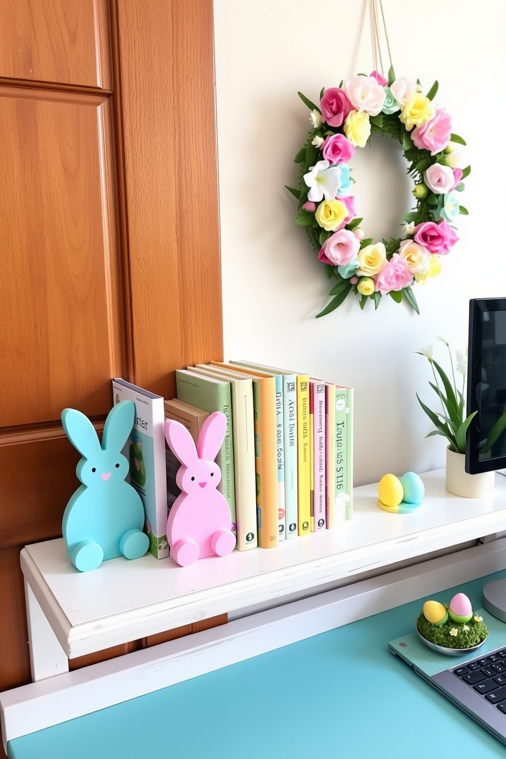 Easter themed bookends for shelves featuring pastel colored bunnies and eggs. The bookends are designed to hold a collection of colorful children's books and are placed on a whitewashed wooden shelf. Home office Easter decorating ideas include a cheerful pastel color scheme with floral accents. A decorative wreath made of faux flowers hangs on the wall, and a small Easter-themed centerpiece adorns the desk.