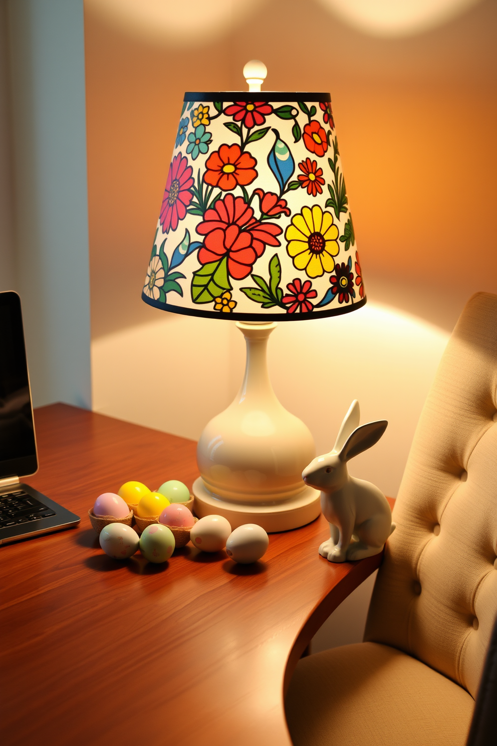 A festive table lamp with a floral design sits on a sleek wooden desk, casting a warm glow across the workspace. Surrounding the lamp are cheerful Easter decorations, including pastel-colored eggs and a small bunny figurine, adding a touch of seasonal charm to the home office. The lamp features intricate floral patterns in vibrant colors, complementing the overall decor of the room. A cozy chair is positioned nearby, inviting creativity and productivity in this beautifully decorated home office space.