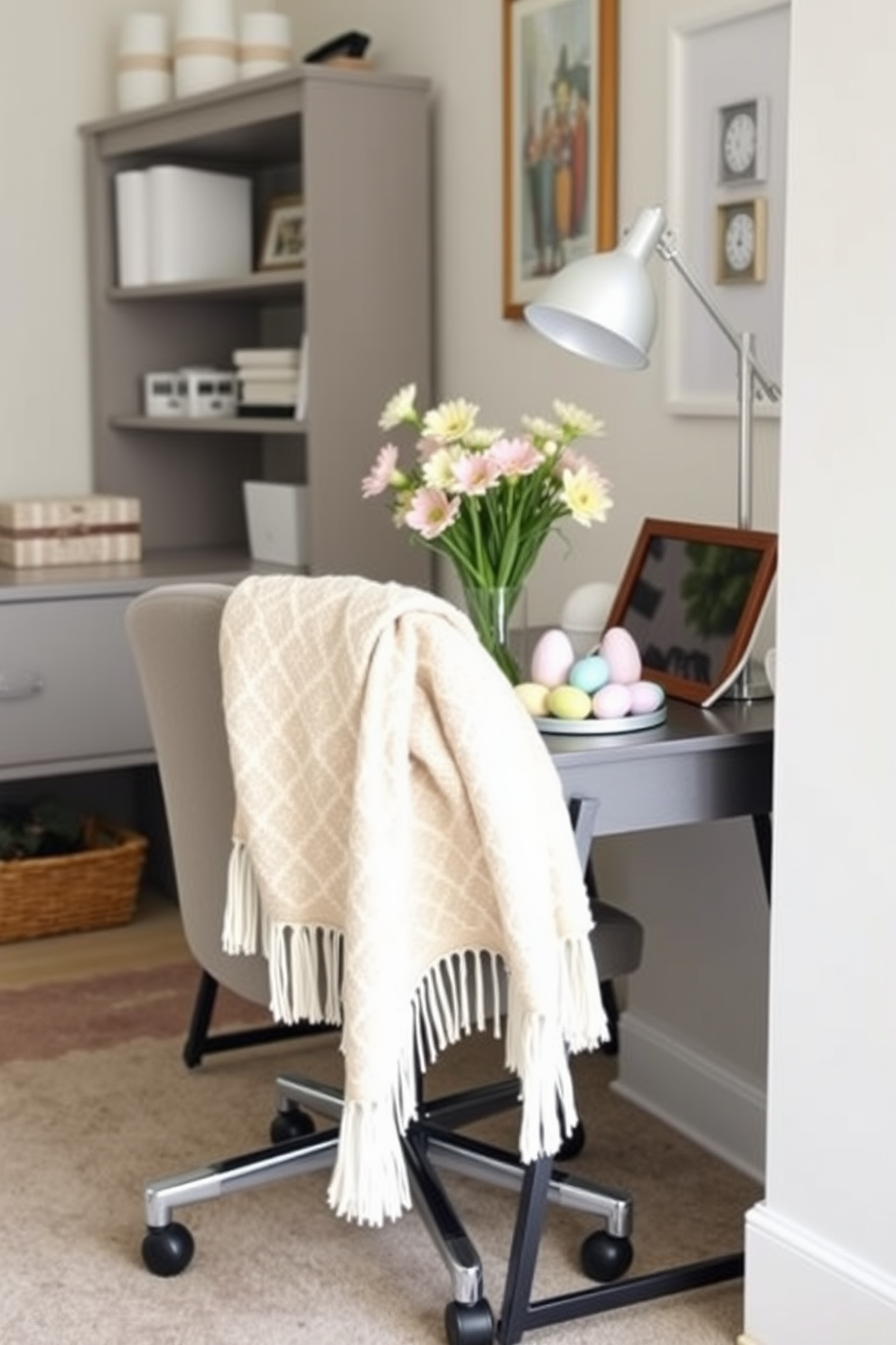 A cozy home office featuring a stylish chair with a seasonal throw blanket draped over it. The desk is adorned with pastel-colored Easter decorations, including a small vase filled with fresh flowers and decorative eggs scattered across the surface.