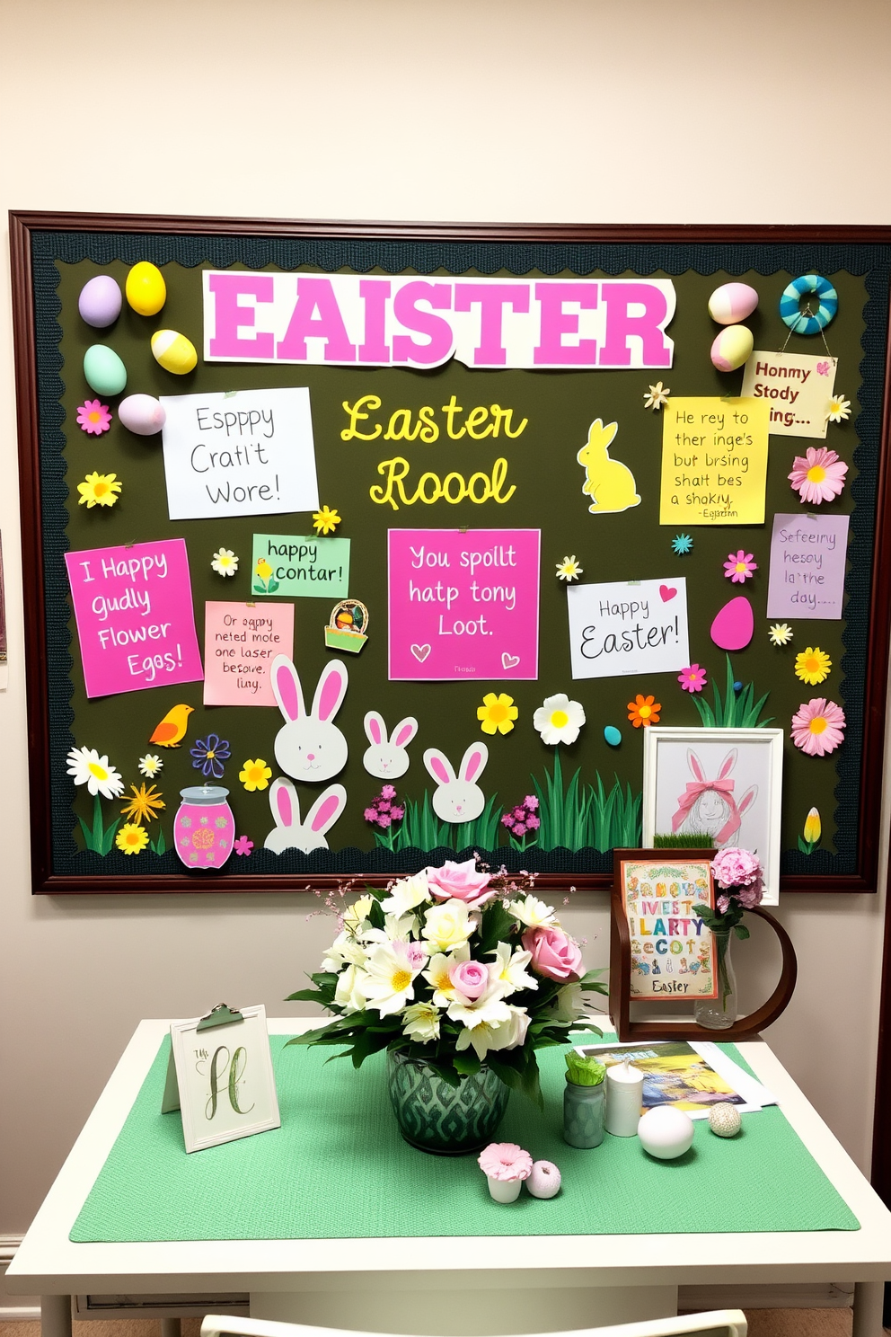 A vibrant Easter themed bulletin board filled with colorful decorations and inspiring quotes. The board features pastel-colored eggs, cheerful bunnies, and spring flowers, creating a festive and inviting atmosphere. A cozy home office decorated for Easter with subtle touches of spring. The desk is adorned with a floral arrangement, while pastel accents and themed artwork bring a sense of joy and creativity to the workspace.