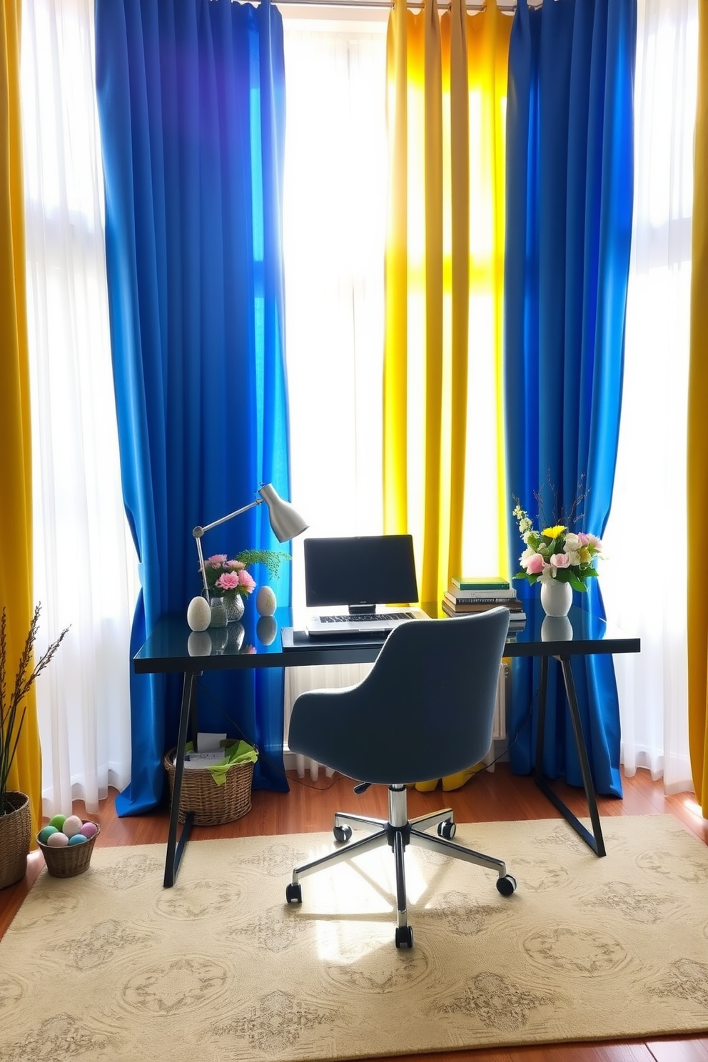 A home office filled with natural light streaming through vibrant colored curtains. The curtains are in bold hues of blue and yellow, creating a cheerful atmosphere that inspires creativity. Easter decorations adorn the space, featuring pastel-colored eggs and floral arrangements. A stylish desk is complemented by a comfortable chair, making it a perfect spot for productivity during the festive season.