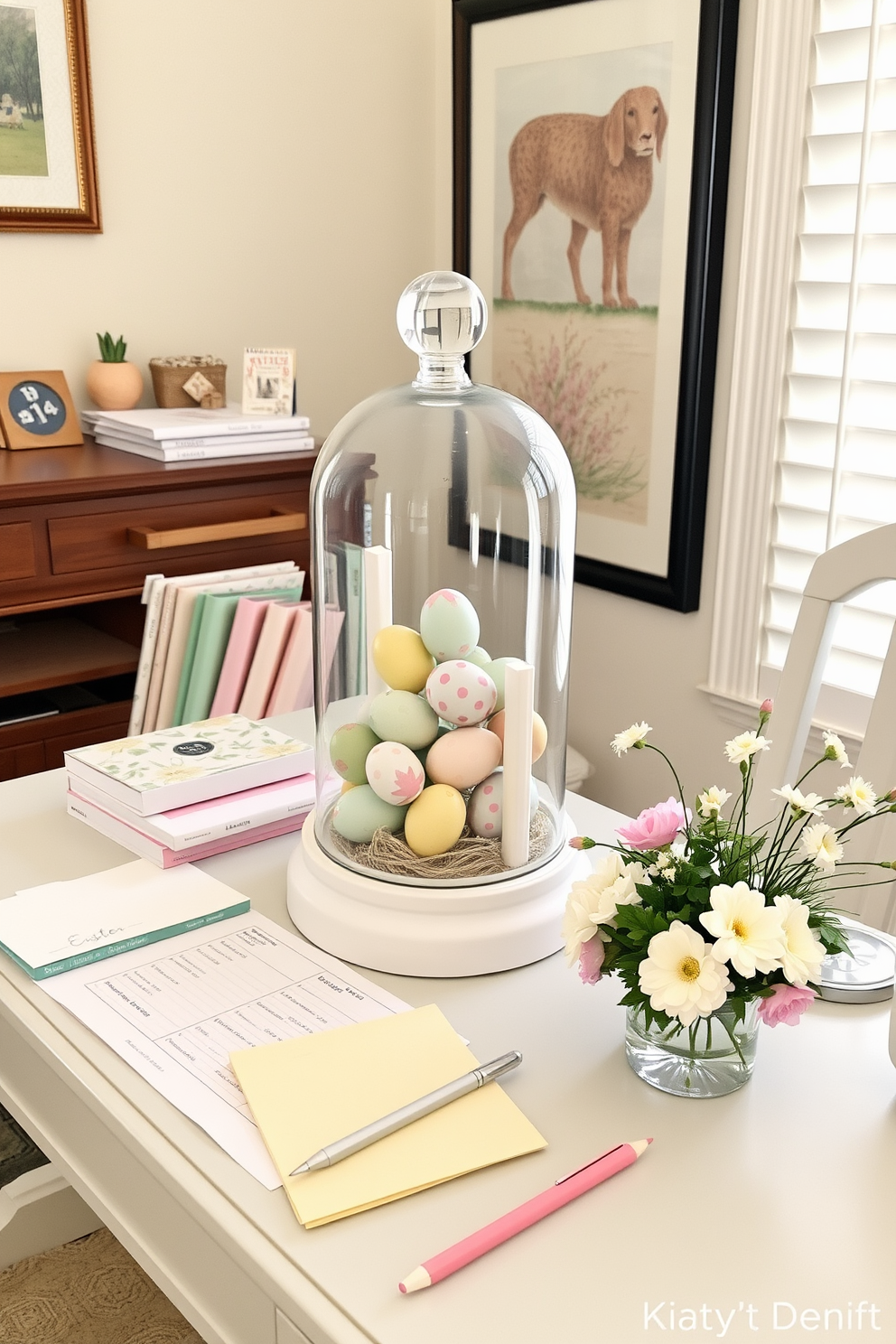 A charming home office decorated for Easter features a collection of hand-painted Easter eggs displayed under a glass cloche. The desk is adorned with pastel-colored stationery and a small floral arrangement, creating a festive and inviting workspace.