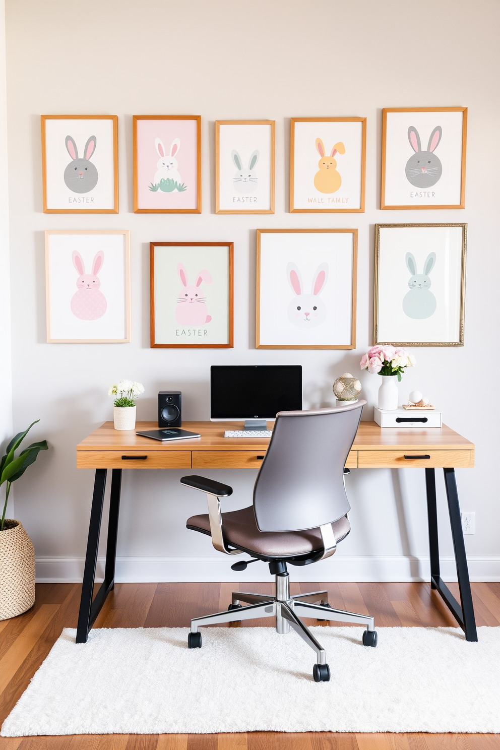 Easter themed wall art prints are arranged in a cohesive gallery style on the wall above a sleek wooden desk. The prints feature pastel colors and whimsical designs that bring a festive touch to the workspace while maintaining a professional aesthetic. A comfortable ergonomic chair sits in front of the desk, complemented by a soft area rug in light hues. Decorative elements like potted flowers and Easter-themed accessories are thoughtfully placed around the office to enhance the seasonal decor.