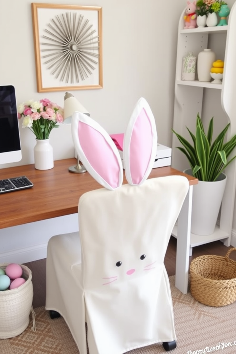 Cute bunny chair covers for added charm. These whimsical covers feature soft pastel colors and playful bunny ears, perfect for bringing a festive touch to your workspace. Home Office Easter Decorating Ideas. Incorporate cheerful decorations such as floral arrangements and colorful egg accents to create a vibrant and inviting atmosphere.