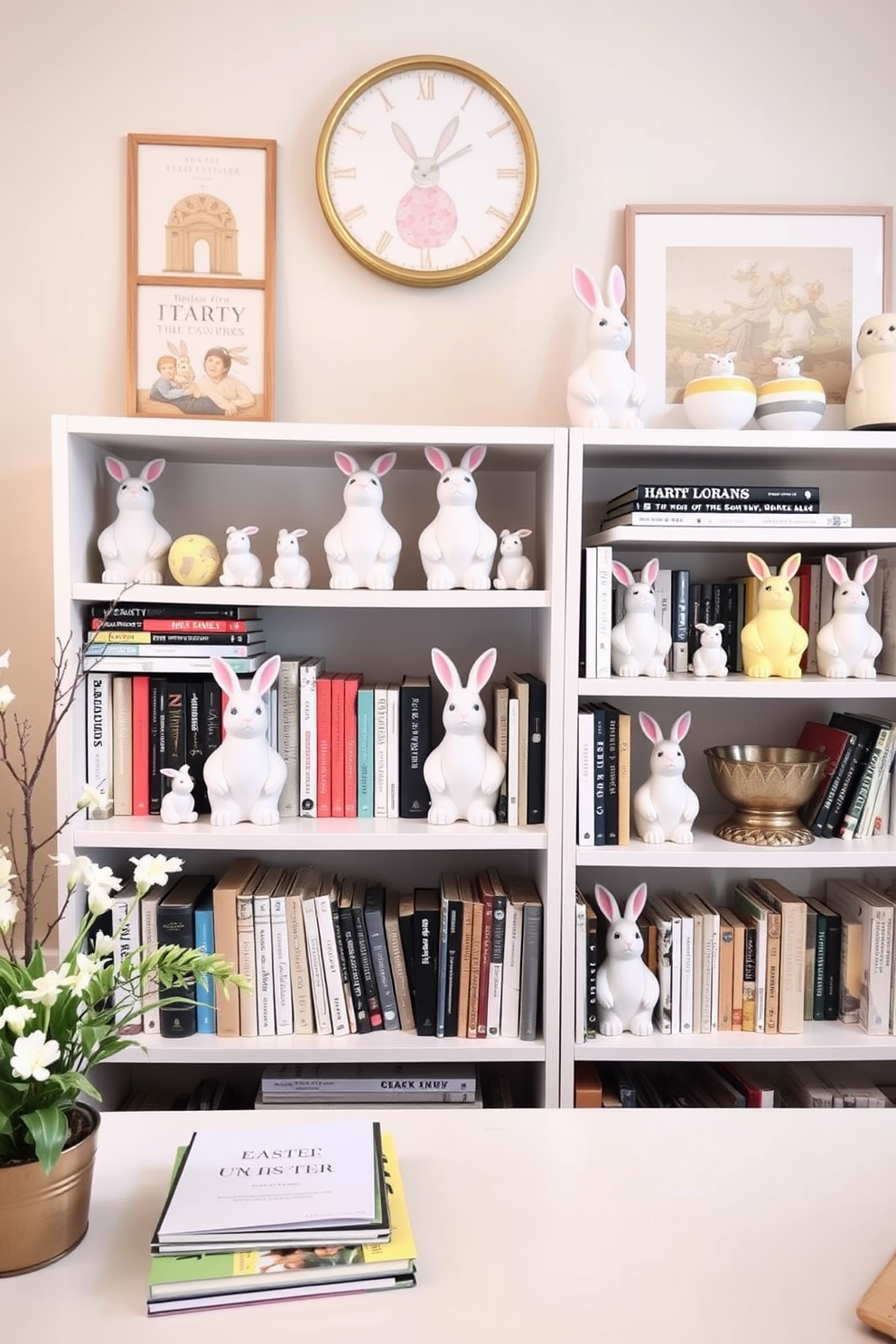 A cozy home office adorned with decorative bunny figurines on shelves. The shelves are filled with a mix of books and charming pastel-colored bunnies, creating a festive atmosphere perfect for Easter.