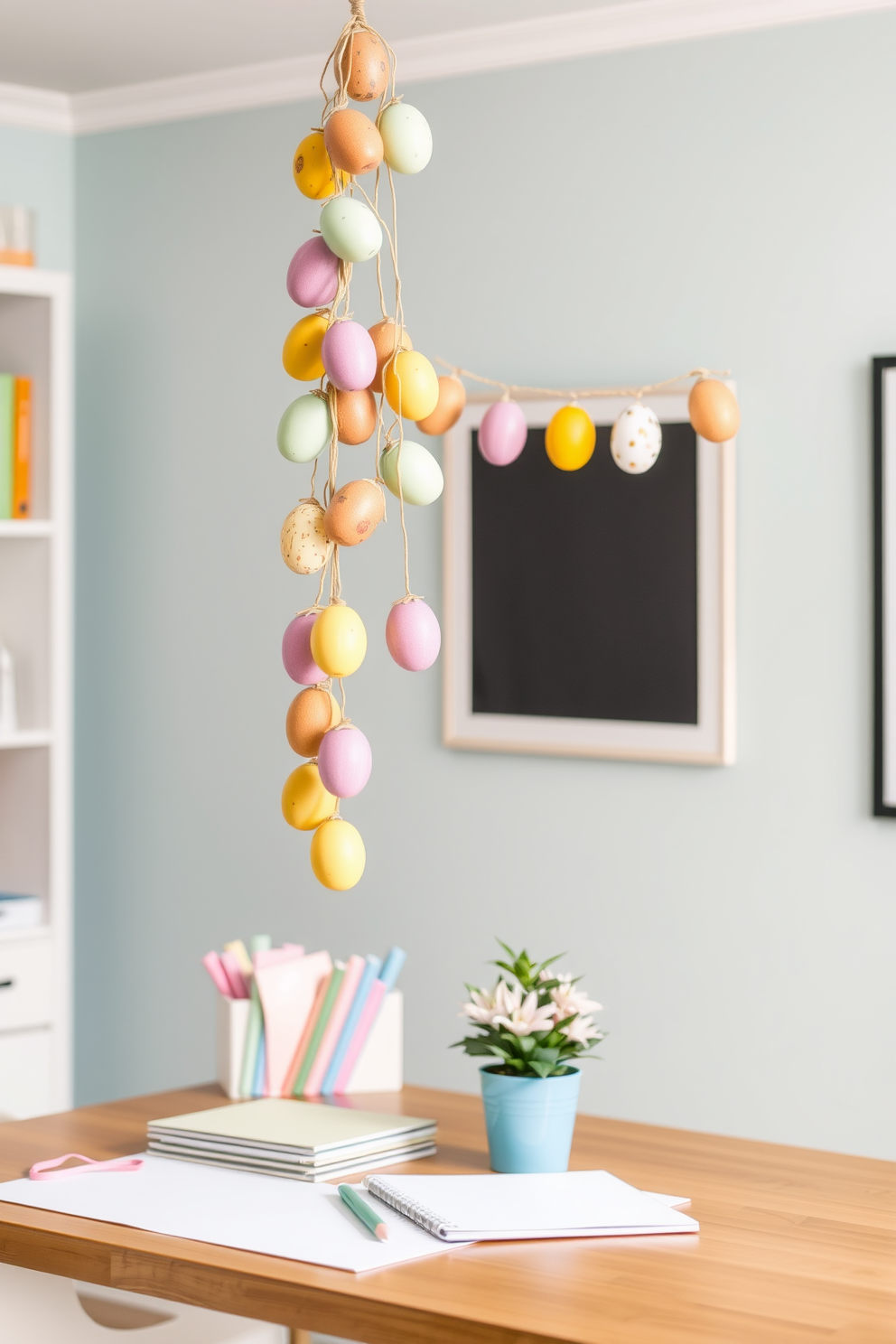 A vibrant and cheerful home office setting featuring a colorful egg garland gracefully hanging above the desk. The desk is adorned with pastel-colored stationery and a small potted plant, creating a festive and inviting atmosphere for Easter decorating ideas.