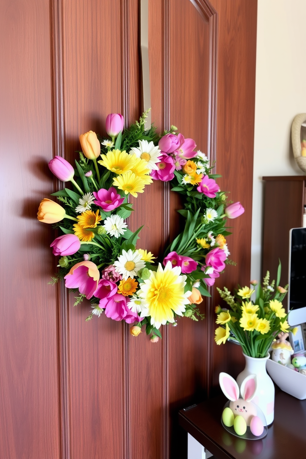 A beautiful wreath made of vibrant spring flowers is elegantly hung on a wooden door, welcoming guests with a burst of color. The arrangement features a mix of tulips, daisies, and greenery, creating a fresh and cheerful entrance. In the home office, Easter decorations are tastefully incorporated to inspire creativity and joy. Subtle touches like pastel-colored accents, small decorative eggs, and floral arrangements bring a festive yet professional atmosphere.