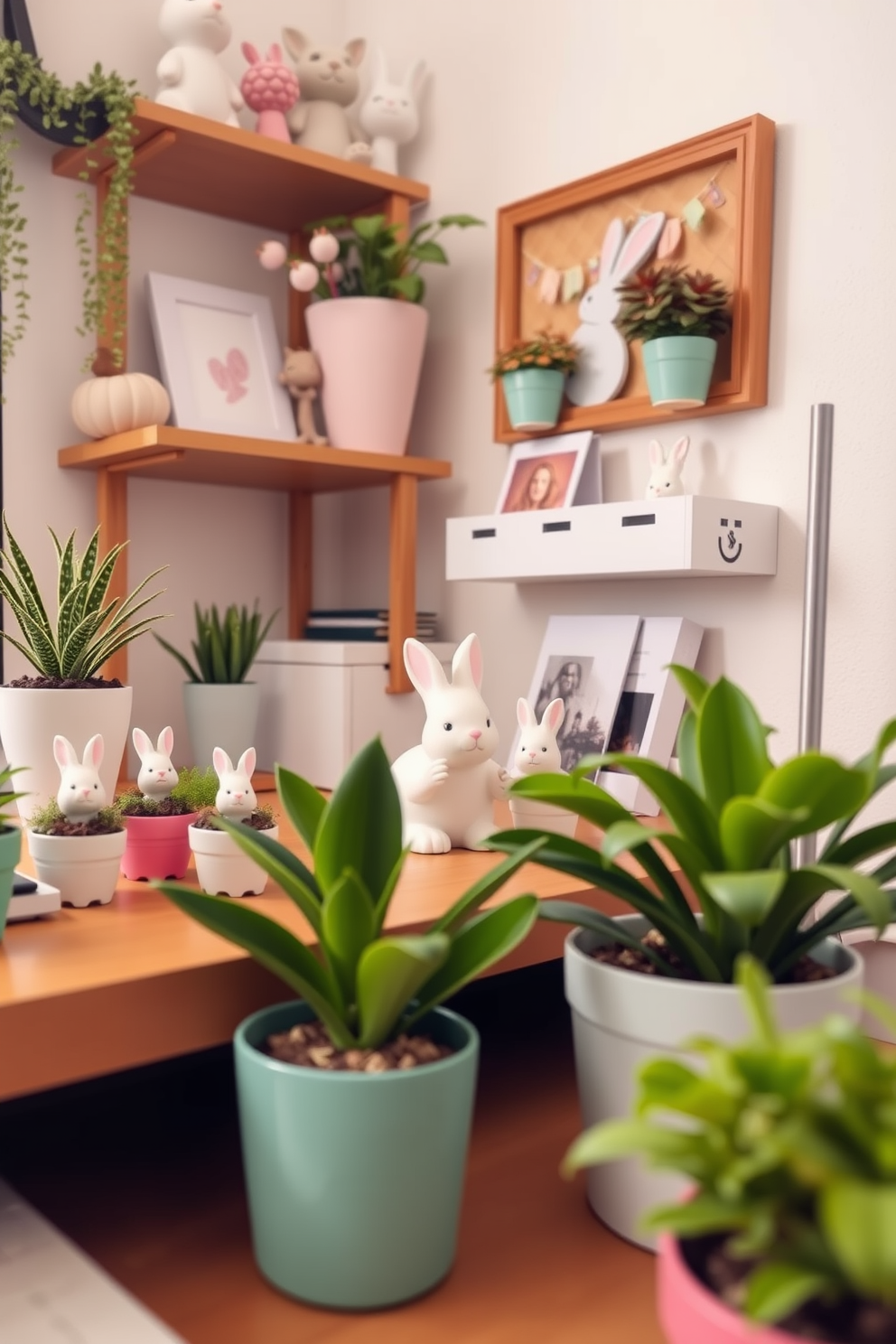 A cozy home office space adorned with cute potted plants featuring bunny decor. The desk is styled with pastel colors and seasonal decorations, creating a cheerful and inviting atmosphere for work.