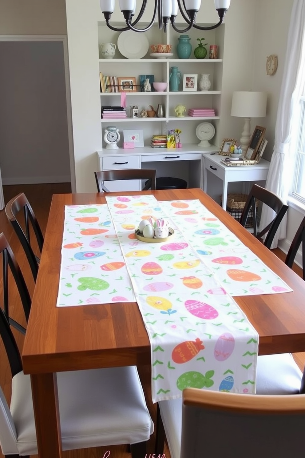 A bright table runner adorned with colorful Easter motifs stretches across a sleek wooden dining table. Surrounding the table are stylish chairs, each featuring soft cushioning that complements the cheerful theme. In the home office, festive decorations bring a touch of spring to the workspace. A small Easter-themed centerpiece sits on the desk, while pastel-colored accents are scattered throughout the room for a vibrant atmosphere.