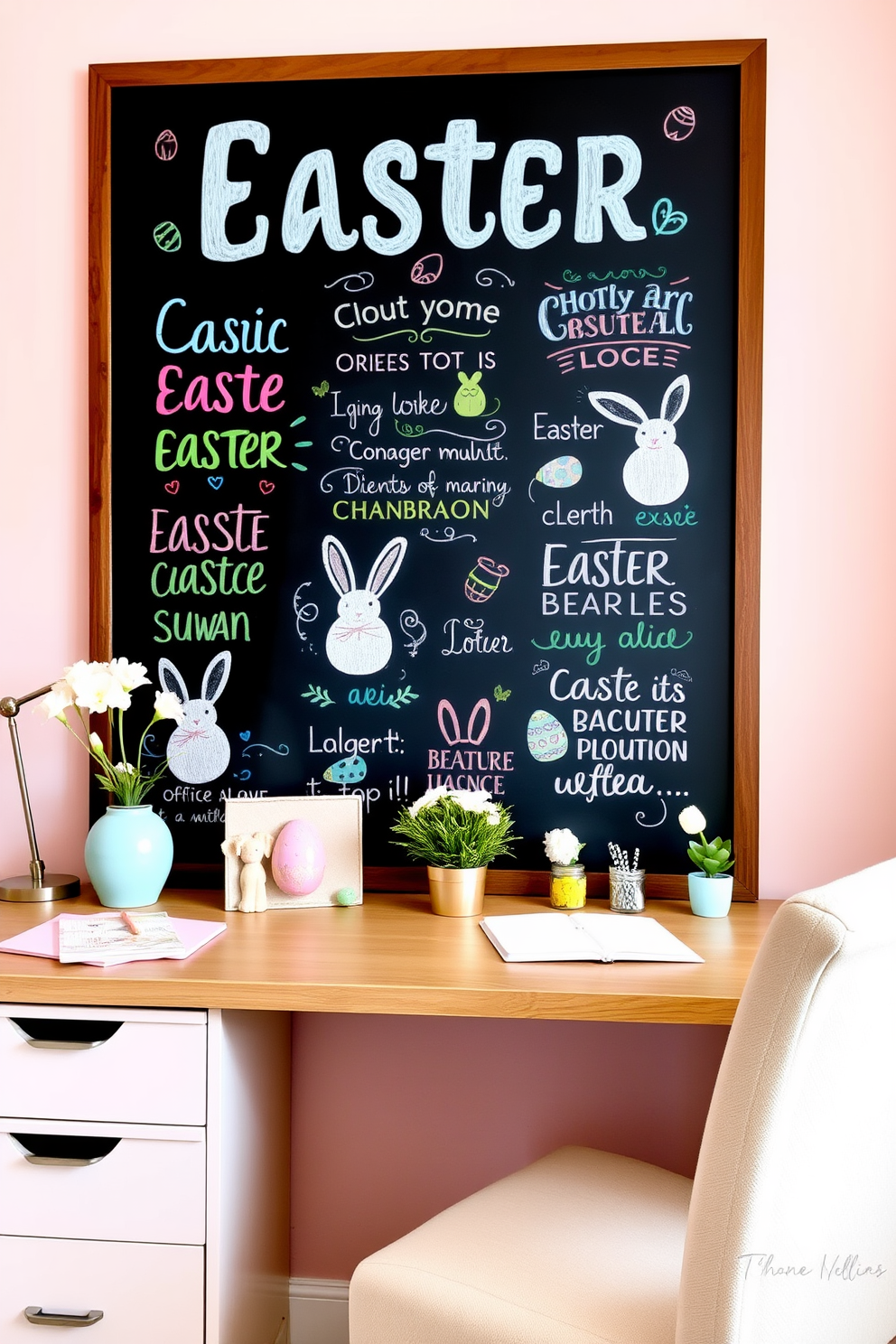 A chalkboard is displayed prominently in the home office adorned with colorful Easter quotes and whimsical drawings of bunnies and eggs. The background is a soft pastel hue, enhancing the festive atmosphere while providing an inspiring workspace. Decorative elements such as a small potted plant and Easter-themed accessories are arranged on the desk to create a cheerful ambiance. A cozy chair with a light fabric complements the overall theme, making the home office inviting and creative.