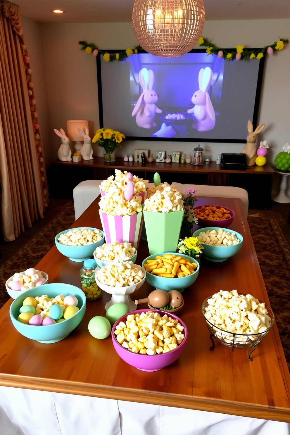 A charming Easter themed popcorn station setup is created with a large wooden table covered in a pastel colored tablecloth. Various bowls filled with popcorn in different flavors are arranged alongside decorative Easter eggs and spring flowers. The home theater is adorned with festive Easter decorations including bunny figurines and colorful garlands. Soft lighting enhances the cozy atmosphere, inviting guests to enjoy a movie night filled with seasonal treats.