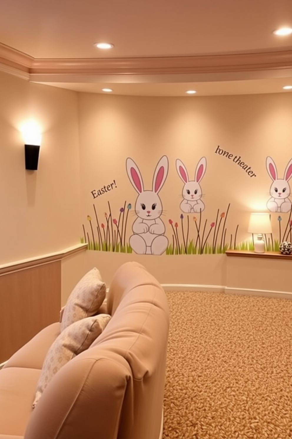 Charming bunny artwork adorns the walls of the home theater, creating a whimsical and festive atmosphere. Plush seating is arranged for comfort, with soft lighting highlighting the playful decorations for an inviting Easter celebration.