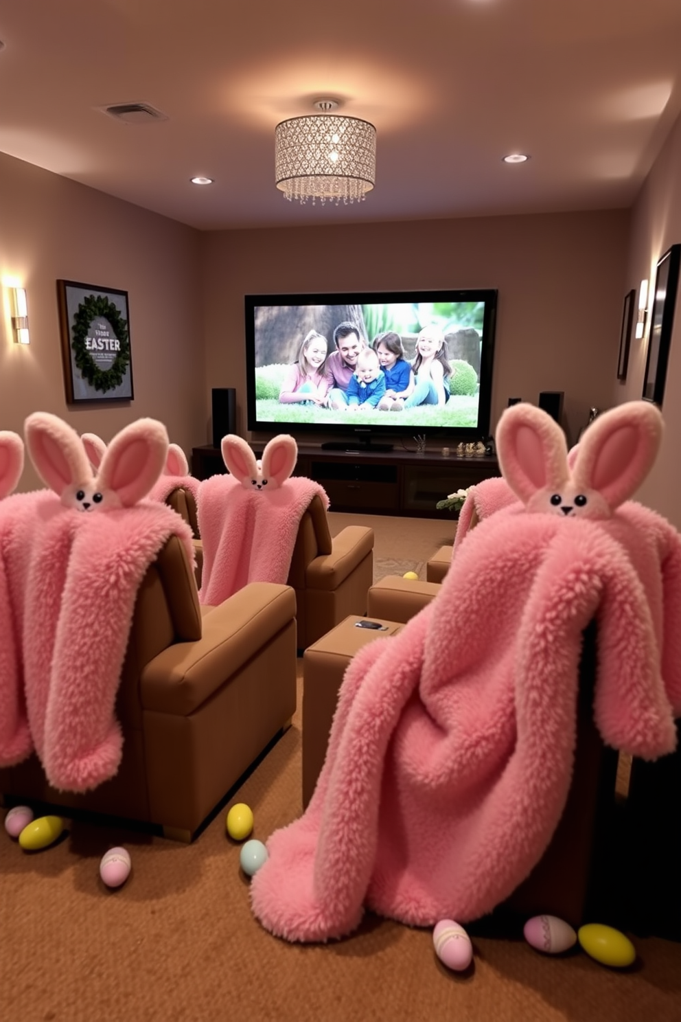 A cozy home theater setting designed for Easter celebrations. The seating area features fluffy bunny blankets draped over plush chairs, creating a warm and inviting atmosphere. Decorative elements include pastel-colored Easter eggs scattered around the room. Soft lighting enhances the festive mood, while a large screen displays a family-friendly movie.