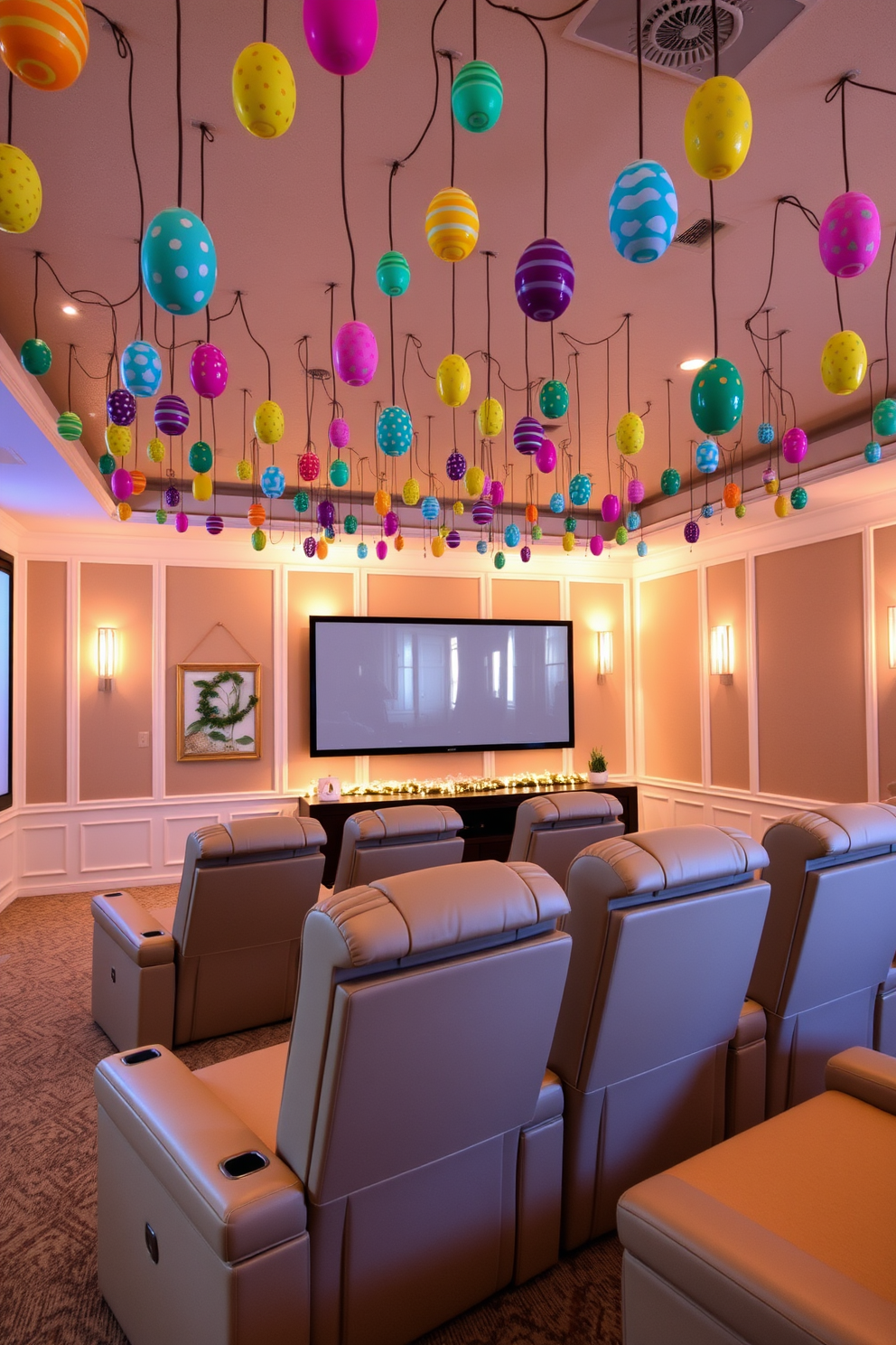 Create a cozy home theater setting designed for Easter celebrations. The ceiling is adorned with colorful hanging egg decorations, adding a festive touch to the space. The seating area features plush recliners arranged for optimal viewing, with a large screen at the front. Soft, ambient lighting creates a warm atmosphere perfect for movie nights during the holiday season.