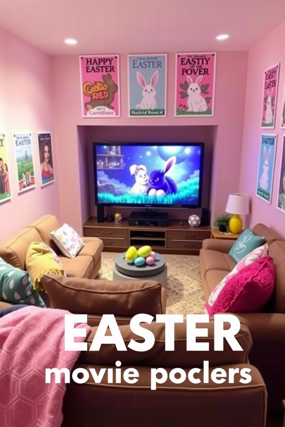 A cozy home theater adorned with DIY Easter themed movie posters. The walls are decorated with vibrant, hand-painted posters featuring iconic Easter movies, surrounded by soft pastel colors. Comfortable seating arranged in a semi-circle faces a large screen, where a classic Easter film is playing. Colorful Easter-themed cushions and throws add a festive touch to the seating area.