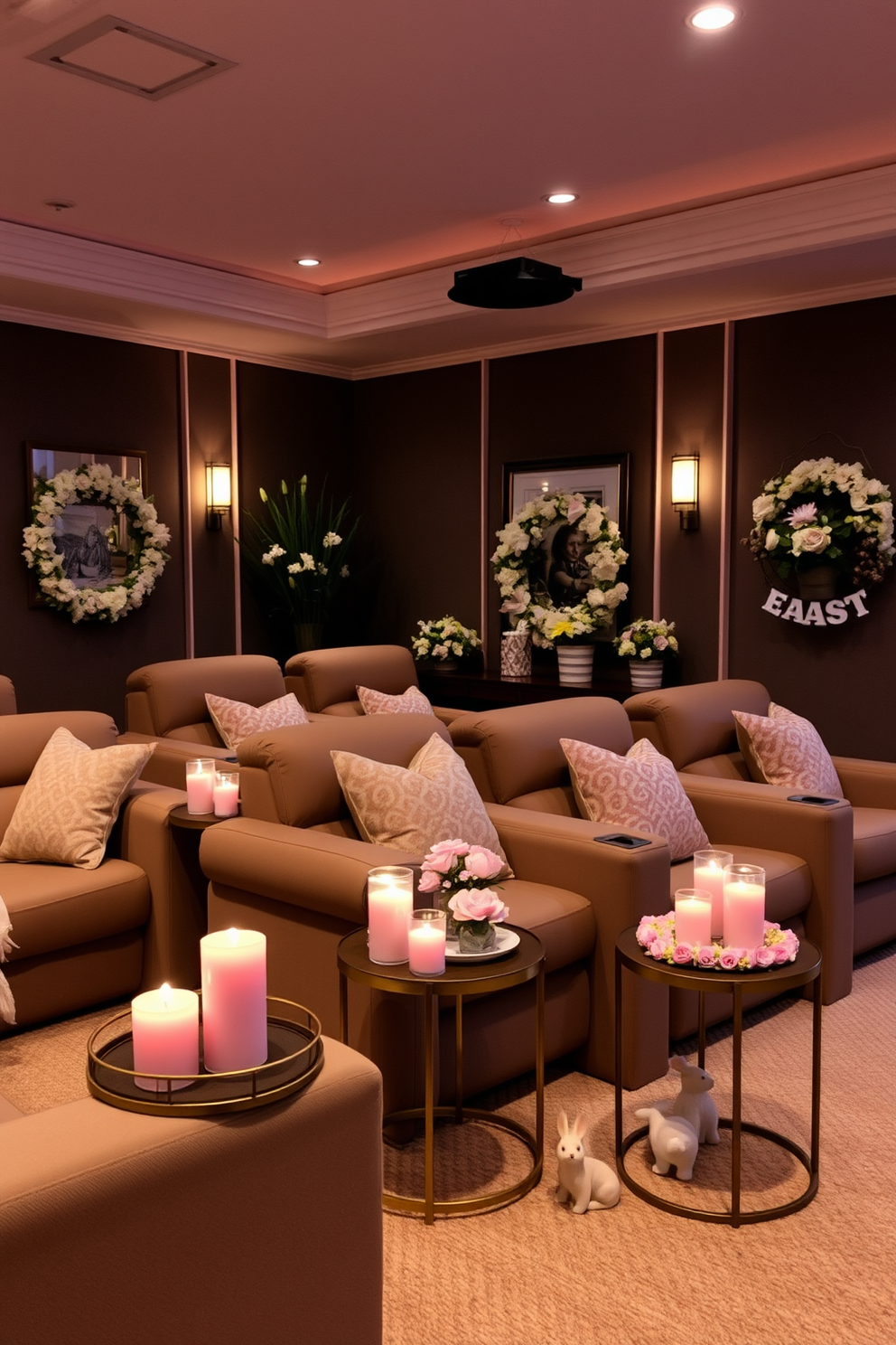 A cozy home theater setting designed for relaxation. The room features plush seating arranged for optimal viewing, with pastel colored candles placed on side tables to create a warm ambiance. Easter decorations are tastefully displayed throughout the space. Soft pastel hues dominate the decor, with floral arrangements and themed accents enhancing the festive atmosphere.