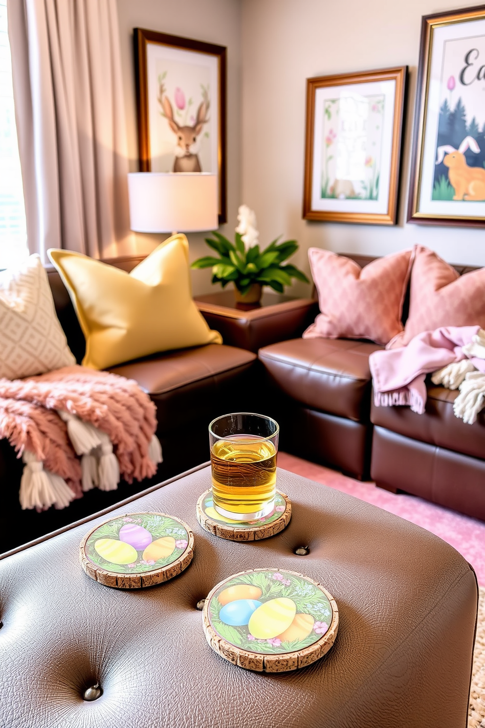 Easter themed coasters for drinks. The coasters are round and made of cork with vibrant pastel colors featuring Easter eggs and floral designs. Home Theater Easter Decorating Ideas. The home theater is adorned with soft pastel colored cushions and throws, while the walls are decorated with framed Easter-themed artwork.