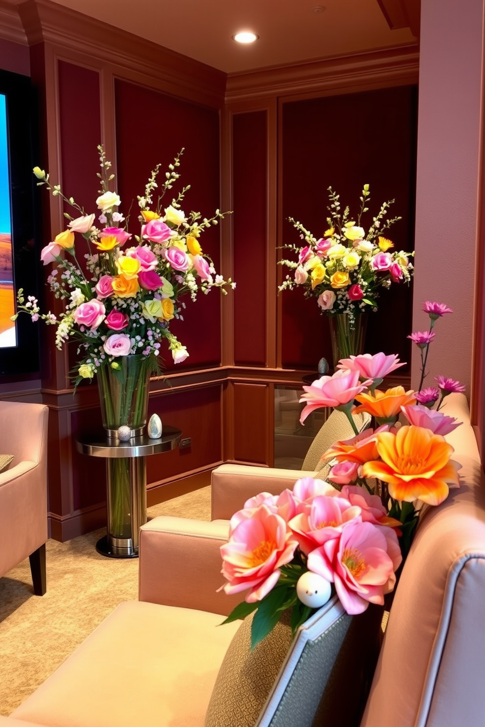 Spring floral arrangements in corners create a vibrant and refreshing atmosphere. Brightly colored blooms in elegant vases bring life and energy to the space. A home theater designed for comfort and luxury features plush seating and ambient lighting. The walls are adorned with rich colors and soundproofing elements for an immersive viewing experience. Easter decorating ideas include pastel colors and whimsical decorations that celebrate the season. Incorporating themed centerpieces and playful accents enhances the festive spirit throughout the home.