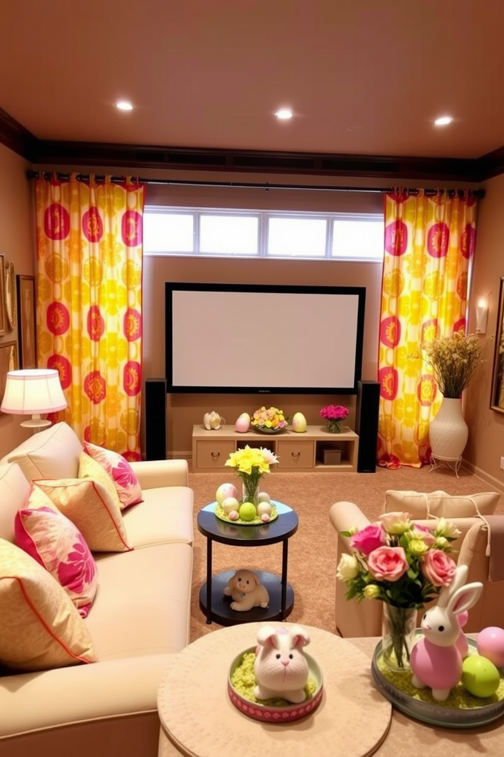 Brightly colored curtains for windows. The curtains are made of a lightweight fabric with bold patterns, creating a vibrant atmosphere in the room. Home Theater. The space features a large screen with plush seating arranged for optimal viewing, complemented by dimmable lighting for an immersive experience. Easter Decorating Ideas. The room is adorned with pastel-colored decorations, including themed centerpieces and floral arrangements that evoke the spirit of spring.