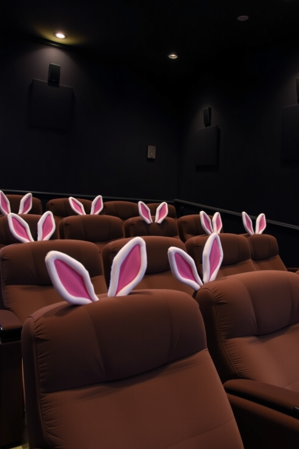 A cozy home theater setting featuring plush theater chairs adorned with bunny ears for a festive touch. The room is dimly lit with soft ambient lighting, creating an inviting atmosphere perfect for Easter celebrations.