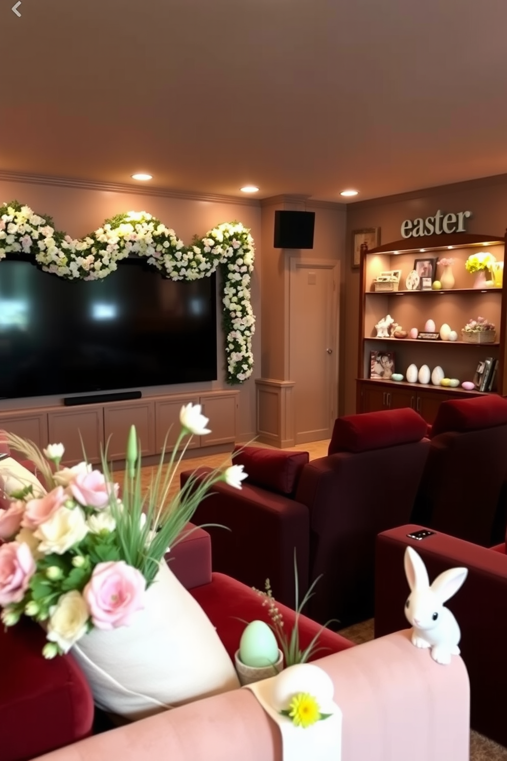 A cozy home theater adorned with a floral garland draped elegantly around the screens. The space features plush seating in rich colors, with soft lighting that creates an inviting atmosphere for movie nights. Easter decorations bring a festive touch to the home theater, with pastel-colored accents and themed decor enhancing the ambiance. Decorative eggs and spring flowers are artfully arranged on shelves, adding a cheerful vibe to the space.