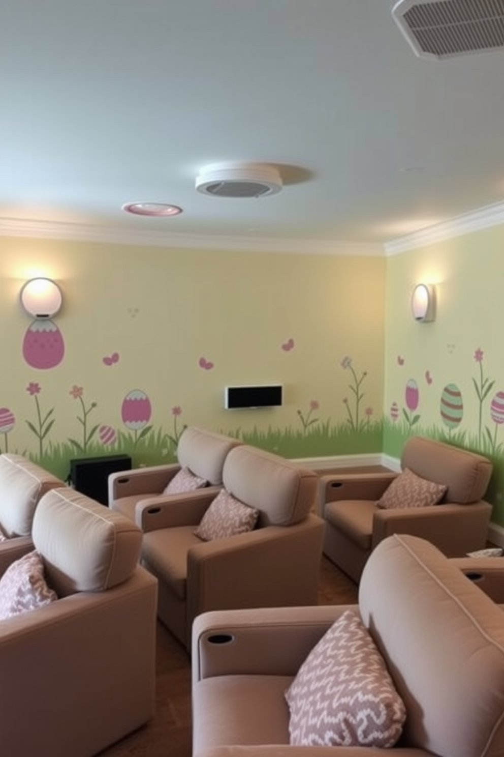 A cozy home theater adorned with Easter themed wall decals that feature pastel colors and whimsical designs. Plush seating is arranged for optimal viewing, complemented by soft lighting that enhances the festive atmosphere.