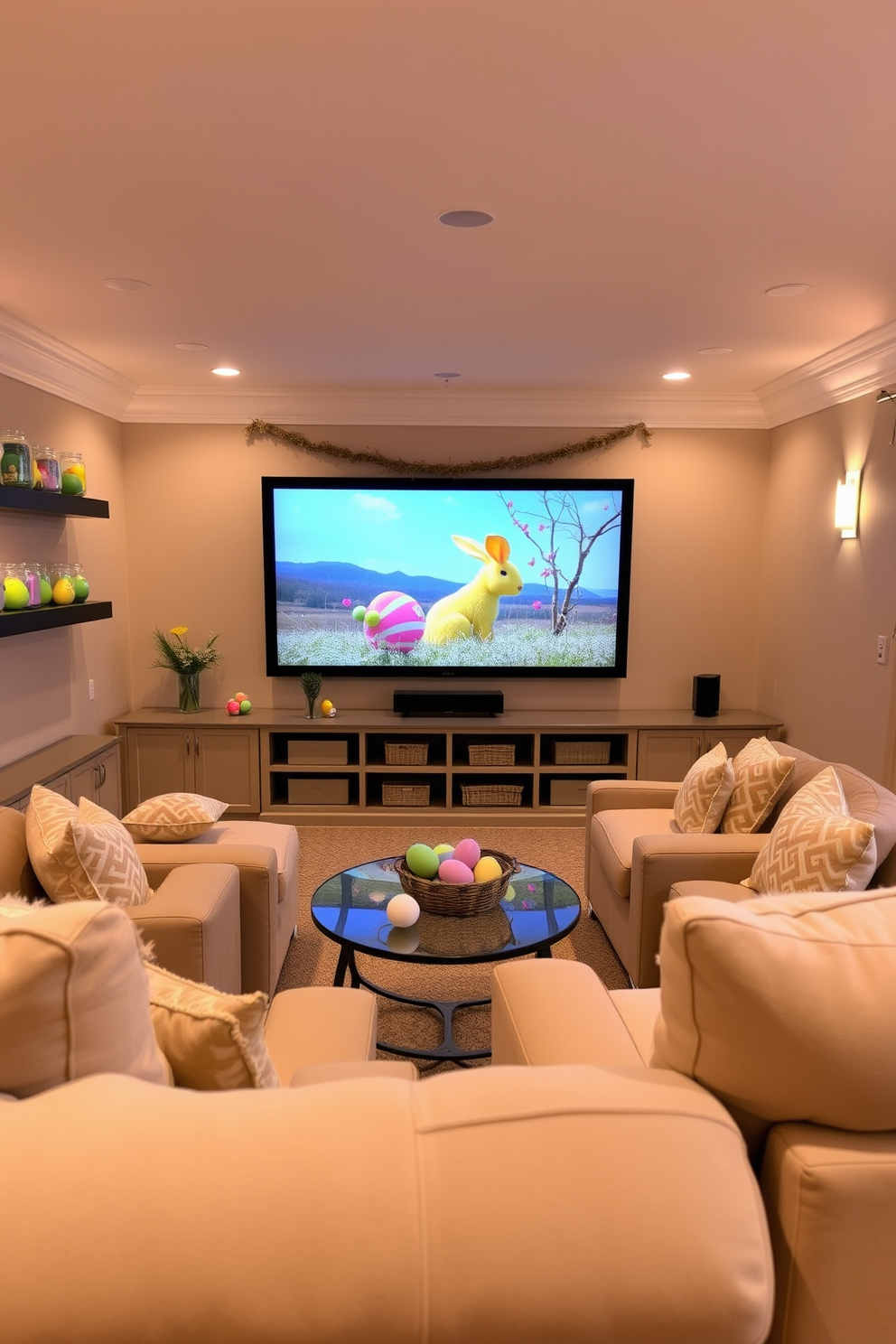 A cozy home theater setting designed for Easter celebrations. The room features decorative glass jars filled with colorful eggs placed on the shelves, adding a festive touch to the space. Soft lighting creates an inviting atmosphere, while plush seating ensures comfort for movie nights. A large screen is mounted on the wall, surrounded by Easter-themed decor, enhancing the holiday spirit.