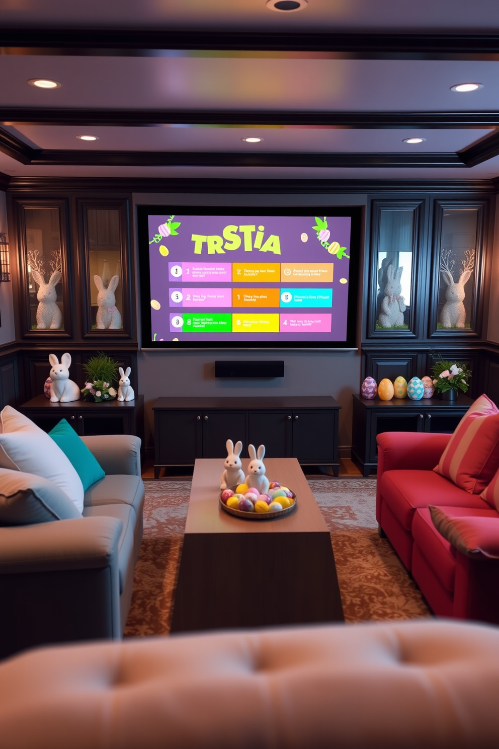 A cozy home theater setting designed for an Easter themed trivia game. The screen displays colorful trivia questions with festive graphics, surrounded by plush seating in pastel colors. Easter decorations adorn the room, featuring bunny figurines and vibrant egg displays. Soft lighting enhances the warm atmosphere, creating an inviting space for family and friends to gather and enjoy the festivities.