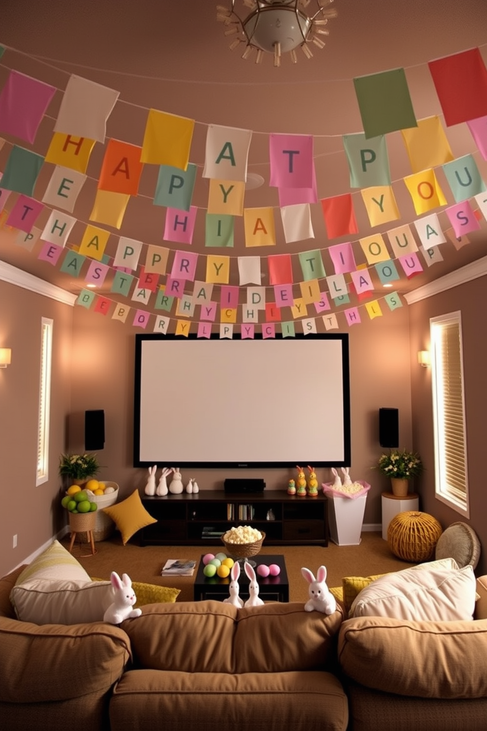 A cozy home theater setting filled with cheerful banners in pastel colors hanging across the room. The walls are adorned with soft lighting and plush seating, creating an inviting atmosphere for family movie nights. Easter decorations are tastefully incorporated, featuring playful accents like bunny figurines and colorful egg displays. A large screen is the focal point, surrounded by comfortable cushions and a popcorn station for a festive touch.