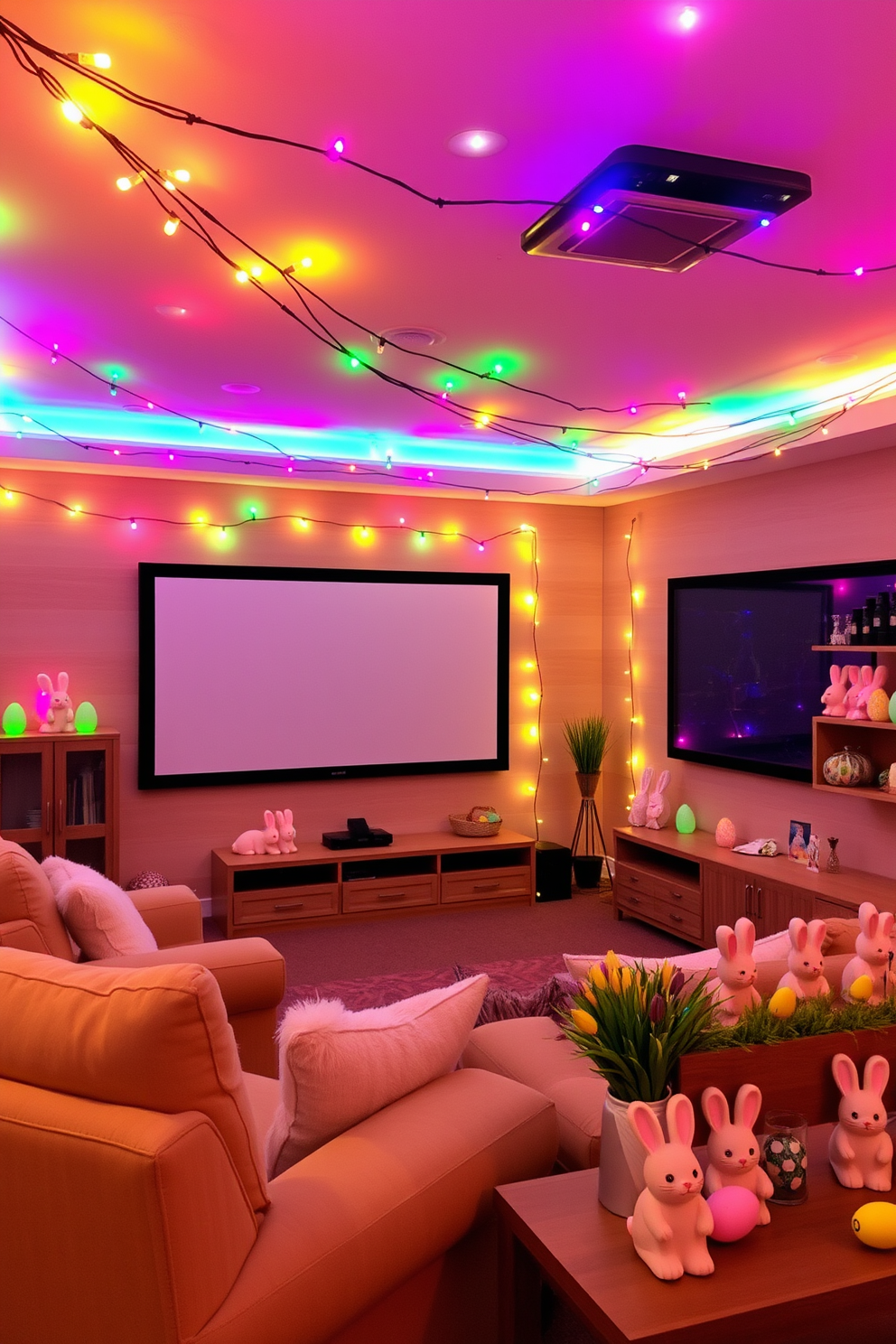 Colorful string lights are draped across the ceiling of a cozy home theater creating a warm and inviting atmosphere. The lights twinkle softly, enhancing the plush seating and the large screen that dominates one wall. Easter decorations fill the space with vibrant colors and playful motifs. Pastel-hued eggs and cheerful bunnies adorn the shelves and tables, bringing a festive touch to the home theater setting.