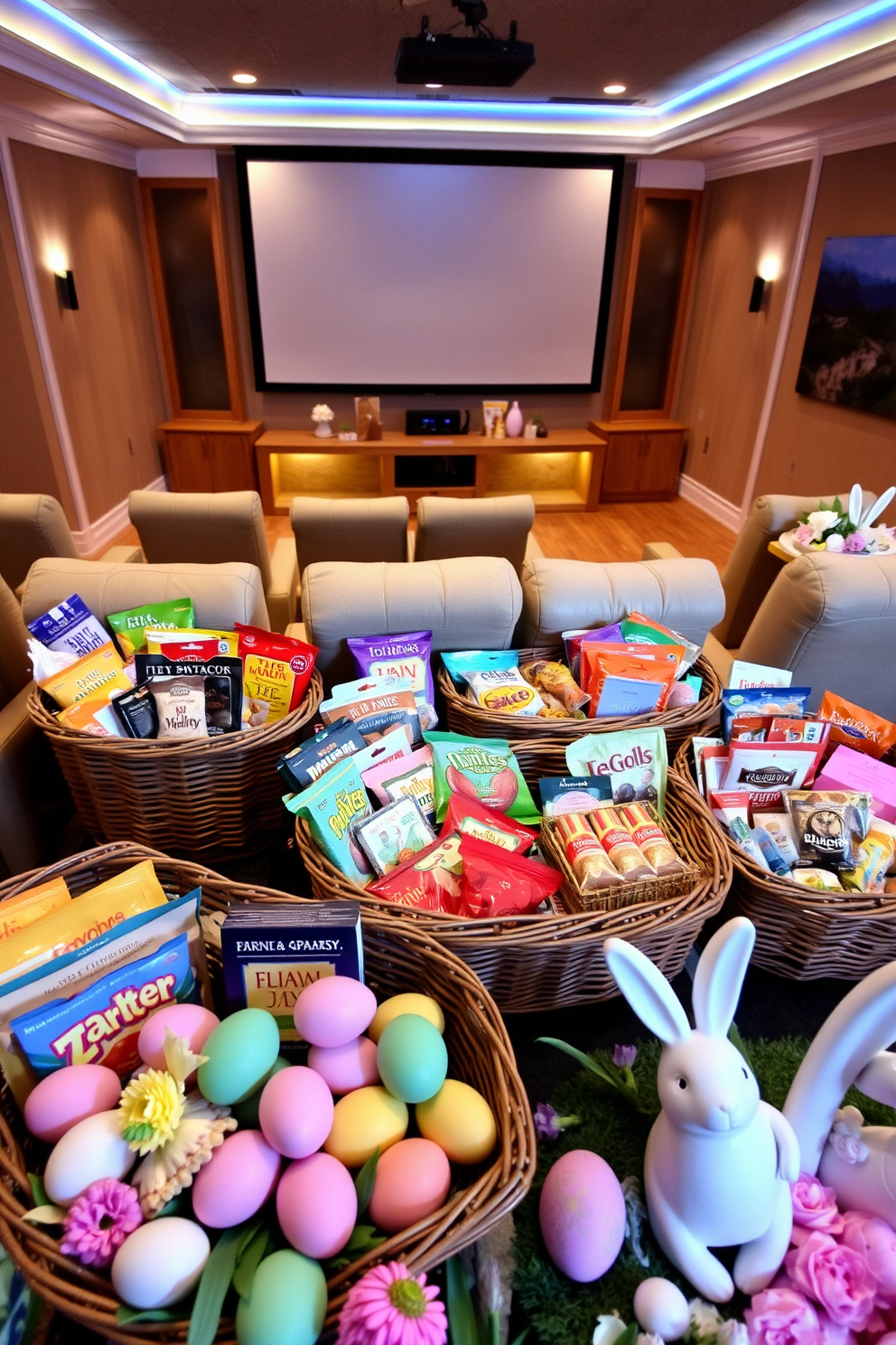 Themed snacks displayed in baskets. Various colorful snacks are arranged in wicker baskets, each themed according to a different celebration or occasion. Home theater with plush seating and ambient lighting. The room features a large screen, cozy recliners, and soft, dimmable lights to create a cinematic atmosphere. Easter decorating ideas with pastel colors and floral accents. The space is adorned with decorative eggs, spring flowers, and cheerful bunny figurines to celebrate the festive season.